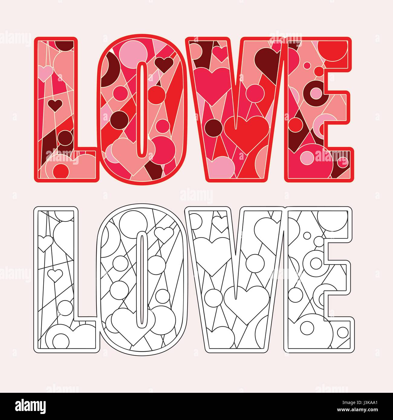 Amore parola pagina colorazione illustrazione vettoriale. Disegno di rilassamento design. Illustrazione Vettoriale