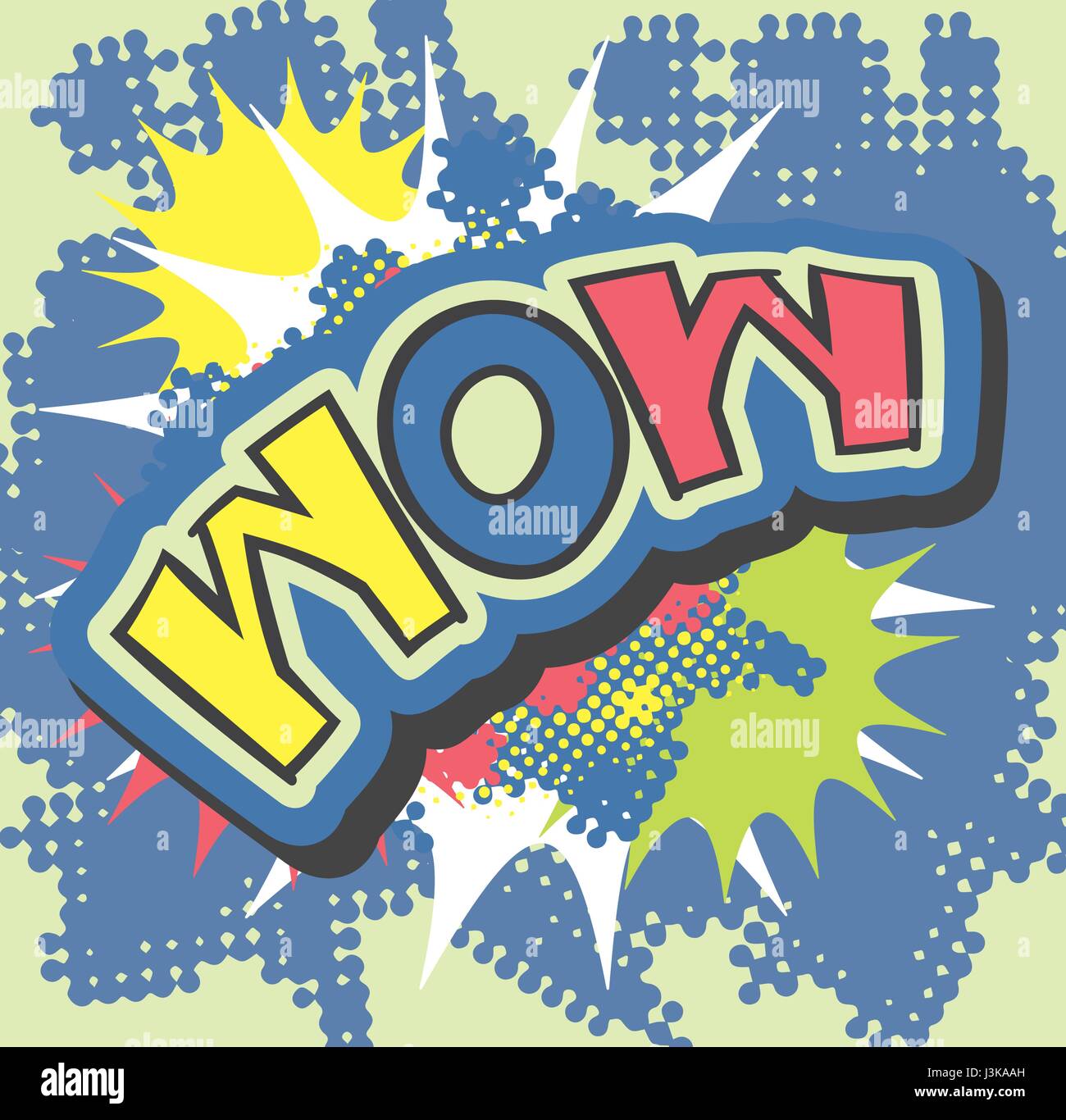 WOW scritte a mano il testo pop art style con esplosione e sfondo dei mezzitoni. Sorpresa emozione illustrazione vettoriale. Illustrazione Vettoriale