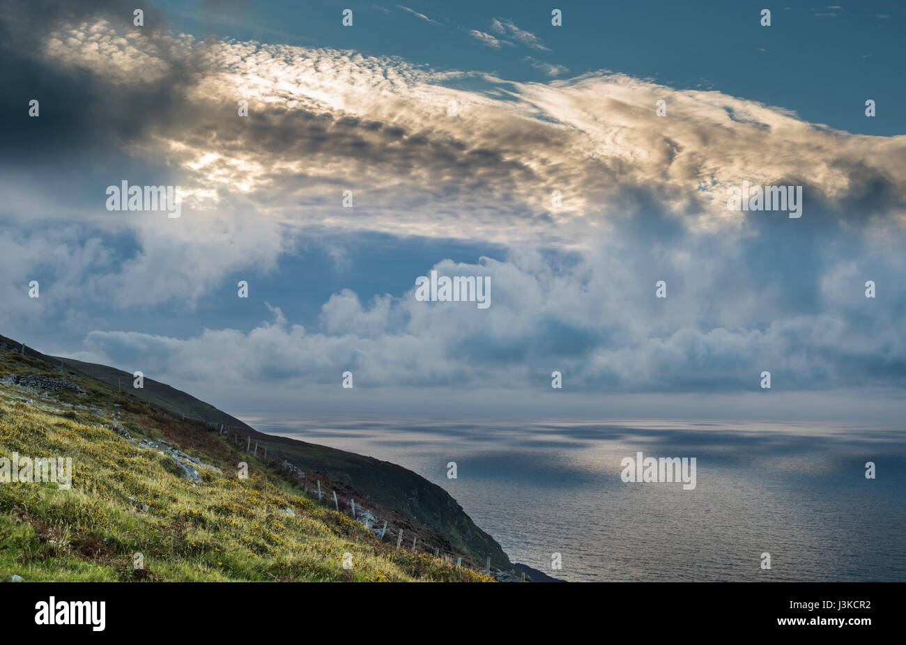 Spettacolari formazioni di nubi sull Oceano Atlantico da Brandon Point Penisola di Dingle, nella contea di Kerry, Irlanda con abbondanti occidentale o dwarf gorse Foto Stock