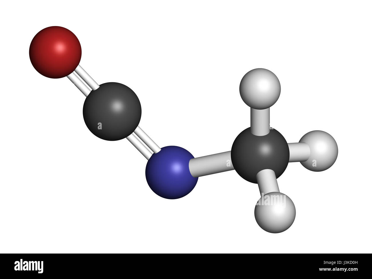 Isocianato di metile (MIC) molecola tossica. Importante sostanza chimica che è stato responsabile per la morte di migliaia di persone in bhopal disastro. Gli atomi sono rappresentati Foto Stock