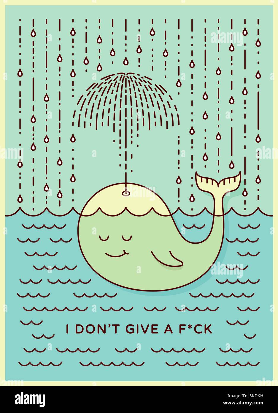 Cartolina con un bambino di balena che nuota in mare sotto la pioggia facendo uscire l'ombrello dalla sua fontana. Design di stile piatto con colori pastello. Illustrazione vettoriale Illustrazione Vettoriale