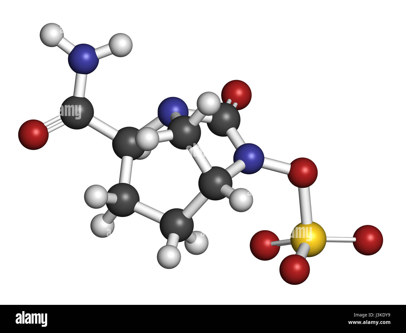 Avibactam molecola di farmaco. Beta-lattamasi inibitore somministrata in combinazione con antibiotici. Gli atomi sono rappresentati come sfere con colore convenzionale codi Foto Stock