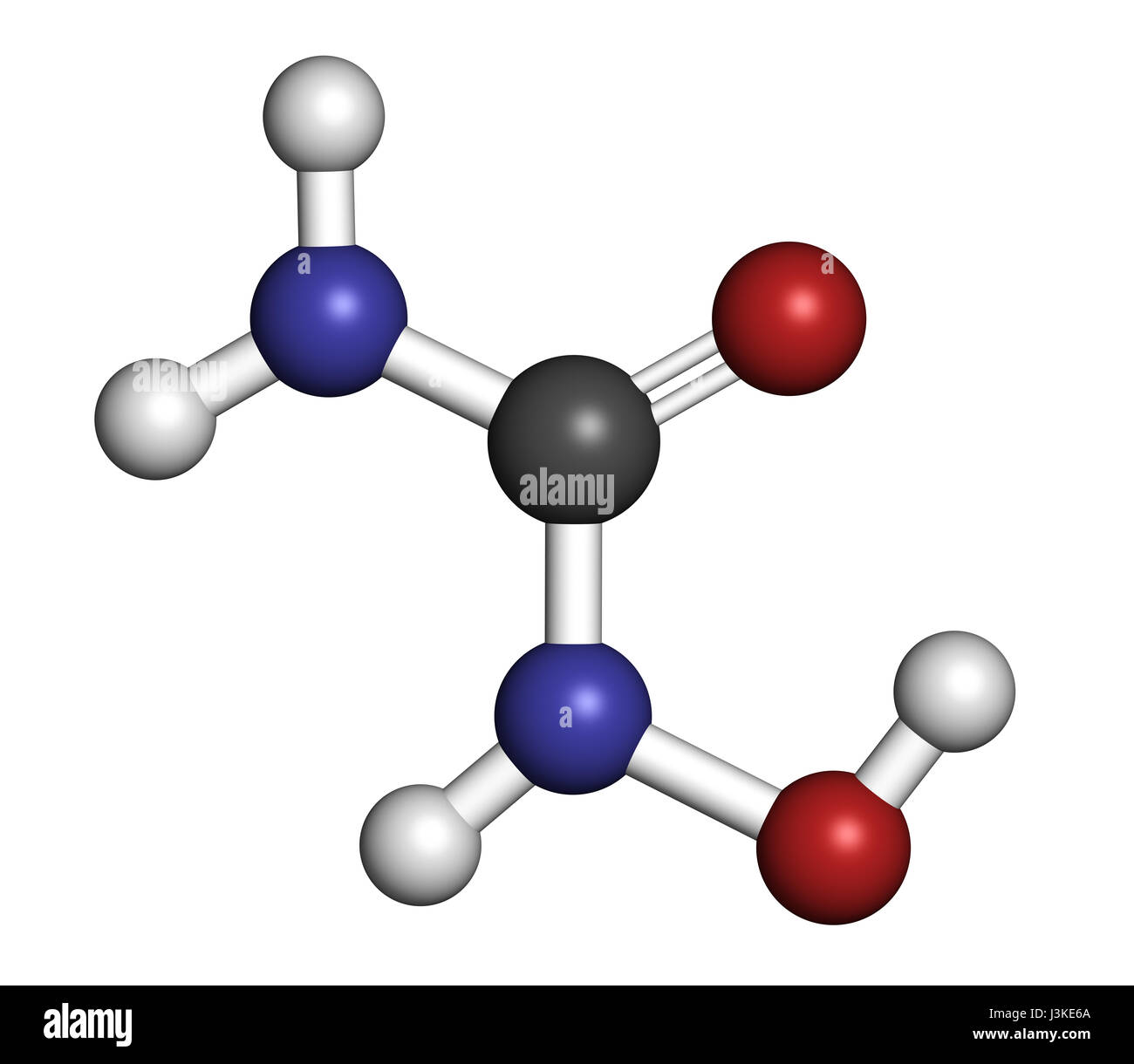 Idrossicarbammide cancro molecola di farmaco. Gli atomi sono rappresentati come sfere con i tradizionali colori: idrogeno (bianco), carbonio (grigio), Ossigeno (rosso), Foto Stock