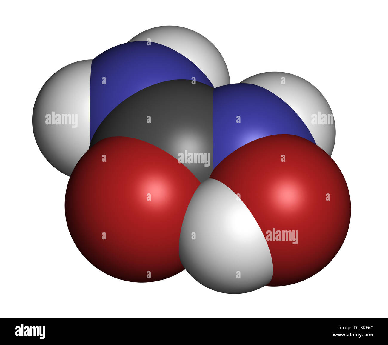 Idrossicarbammide cancro molecola di farmaco. Gli atomi sono rappresentati come sfere con i tradizionali colori: idrogeno (bianco), carbonio (grigio), Ossigeno (rosso), Foto Stock