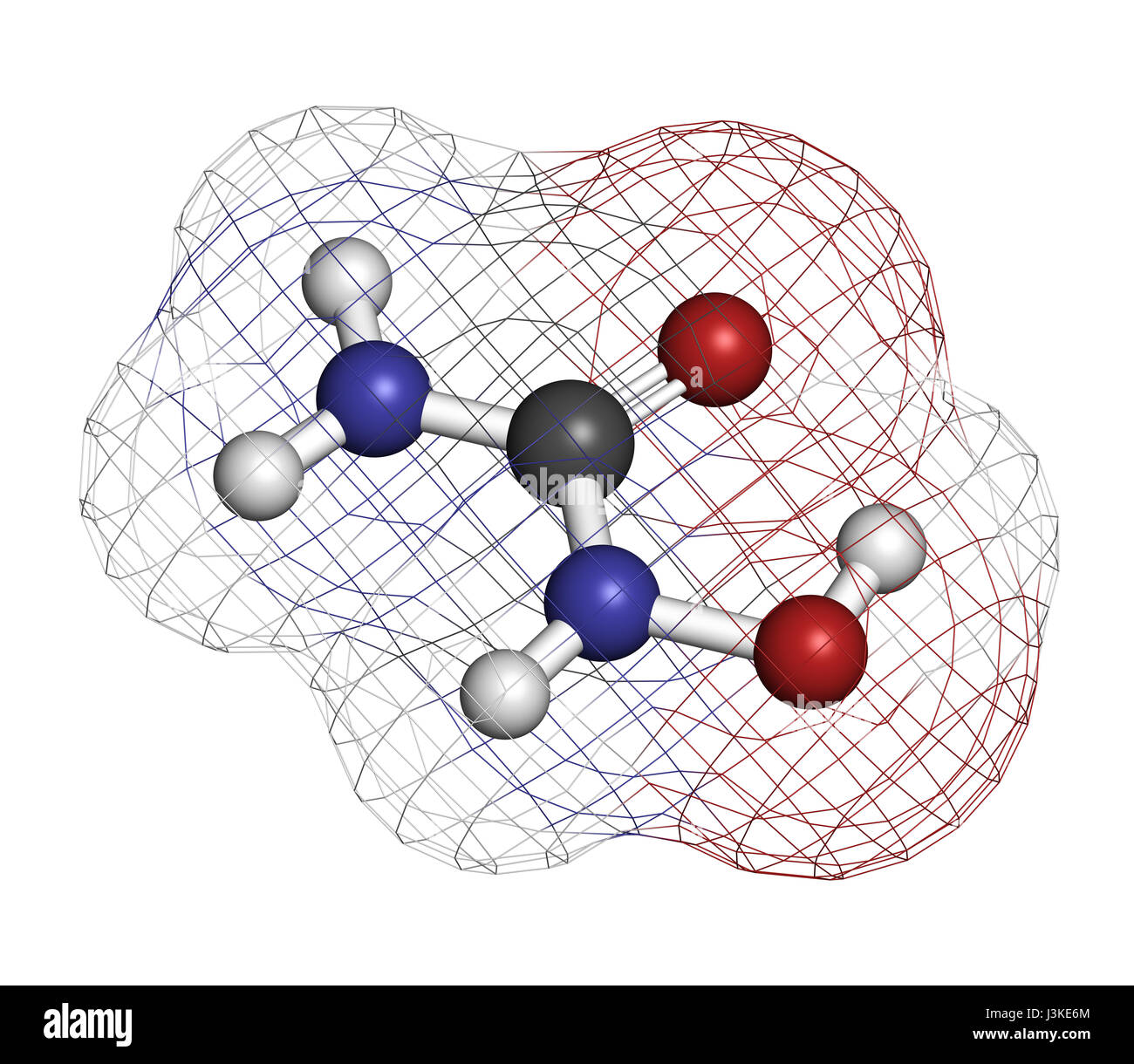 Idrossicarbammide cancro molecola di farmaco. Gli atomi sono rappresentati come sfere con i tradizionali colori: idrogeno (bianco), carbonio (grigio), Ossigeno (rosso), Foto Stock