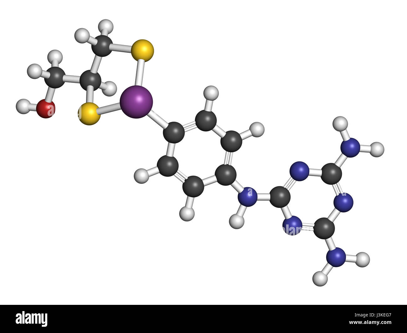 Melarsoprol tripanosomiasi molecola di farmaco. Gli atomi sono rappresentati come sfere con i tradizionali colori: idrogeno (bianco), carbonio (grigio), Ossigeno (r Foto Stock