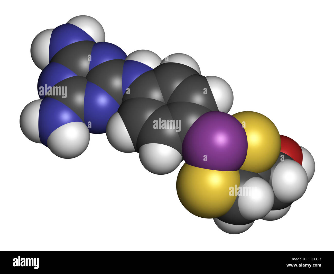 Melarsoprol tripanosomiasi molecola di farmaco. Gli atomi sono rappresentati come sfere con i tradizionali colori: idrogeno (bianco), carbonio (grigio), Ossigeno (r Foto Stock