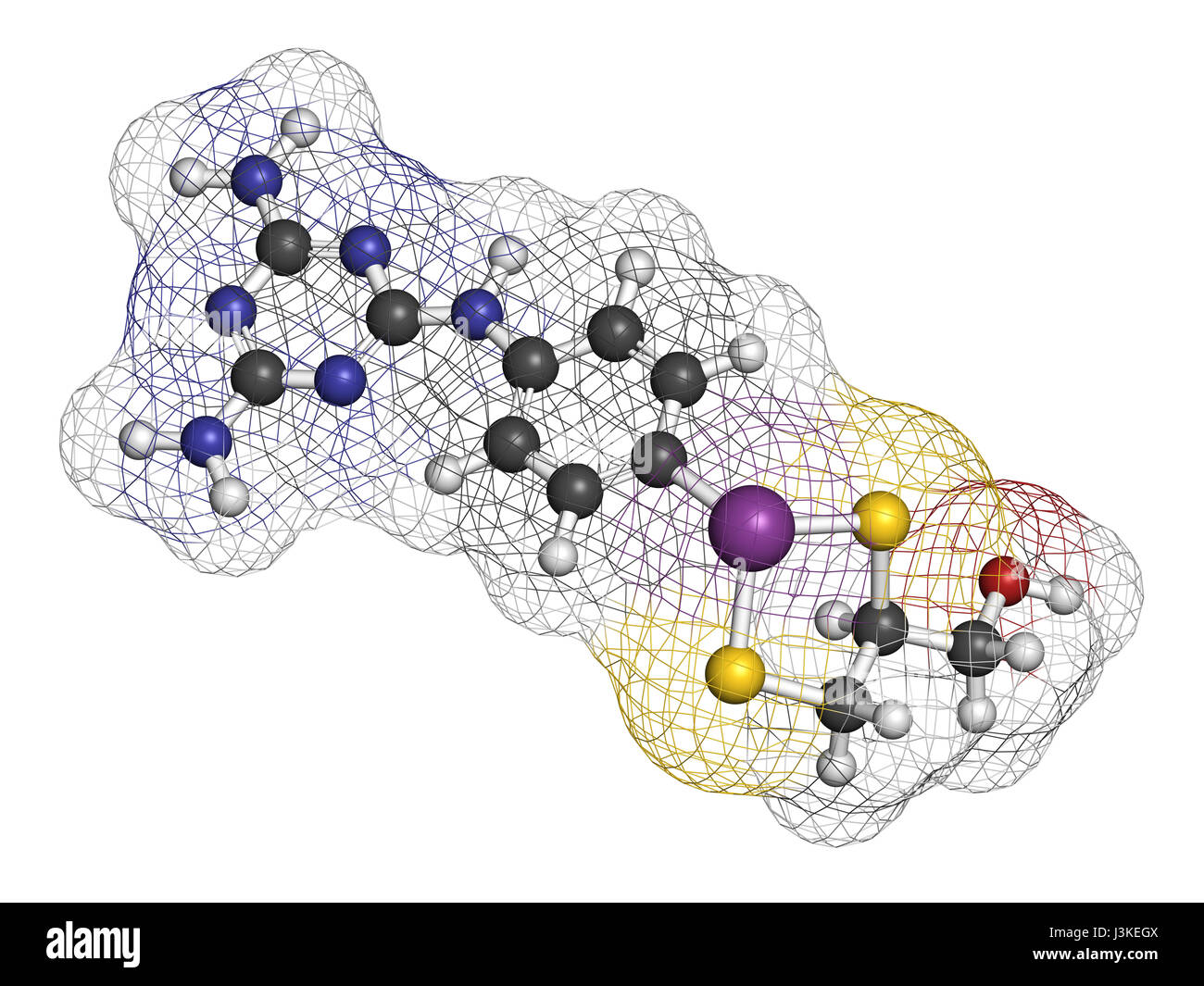 Melarsoprol tripanosomiasi molecola di farmaco. Gli atomi sono rappresentati come sfere con i tradizionali colori: idrogeno (bianco), carbonio (grigio), Ossigeno (r Foto Stock