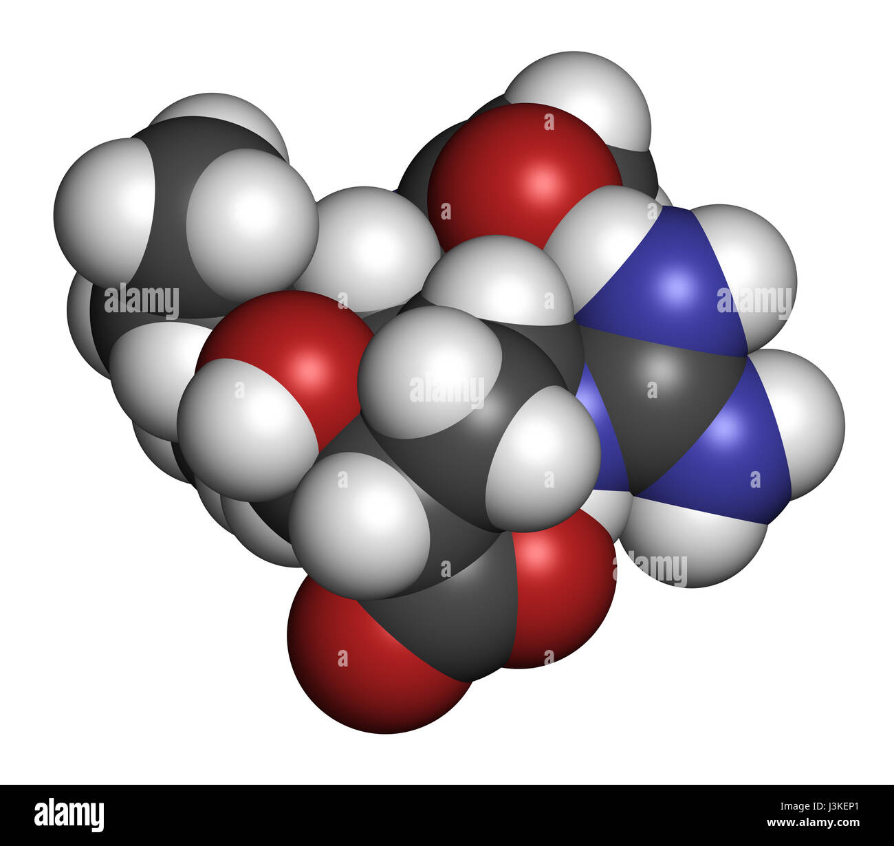 Peramivir aviaria molecola di farmaco (inibitore della neuraminidasi). Gli atomi sono rappresentati come sfere con i tradizionali colori: idrogeno (bianco), carbonio Foto Stock
