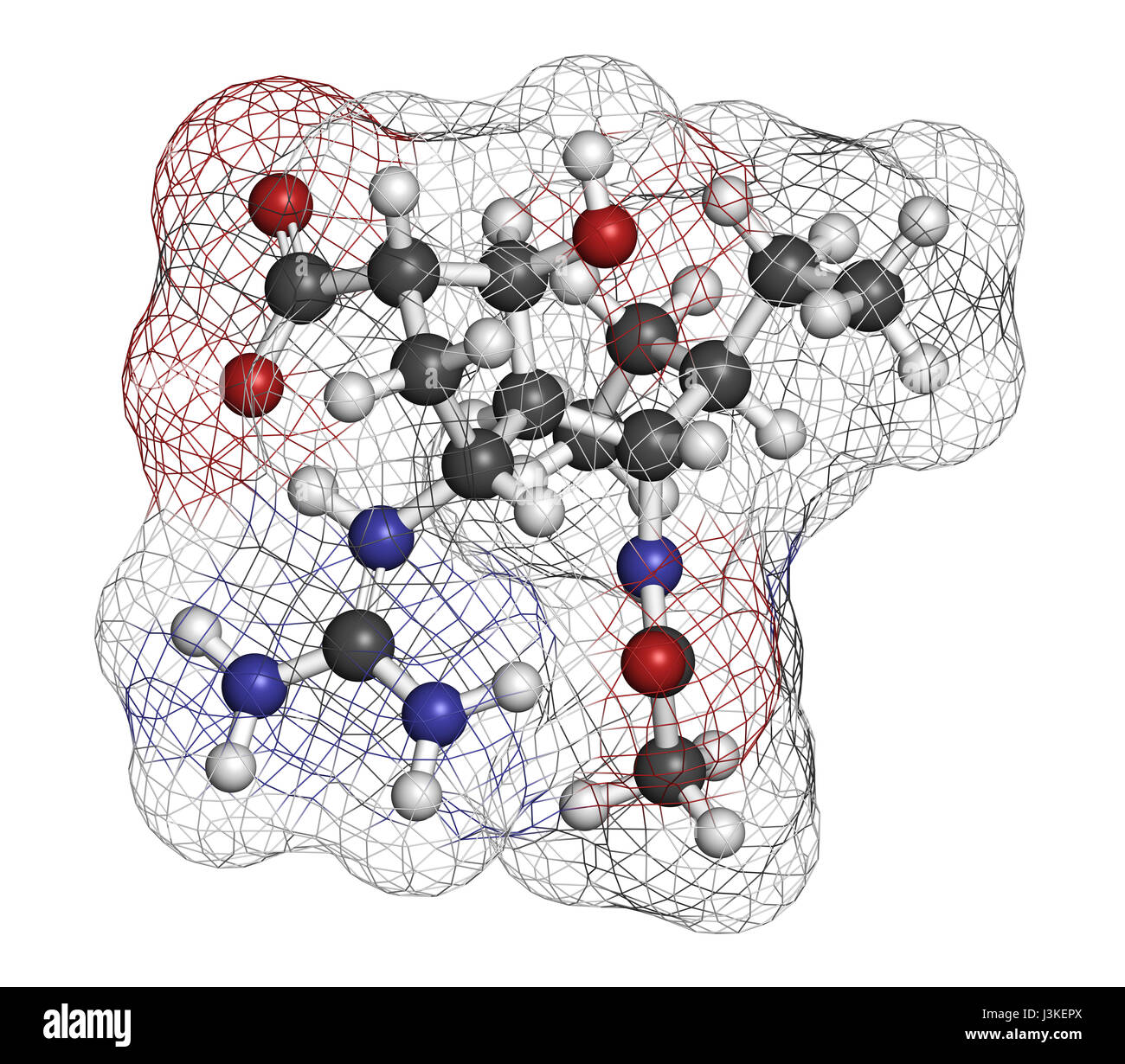 Peramivir aviaria molecola di farmaco (inibitore della neuraminidasi). Gli atomi sono rappresentati come sfere con i tradizionali colori: idrogeno (bianco), carbonio Foto Stock