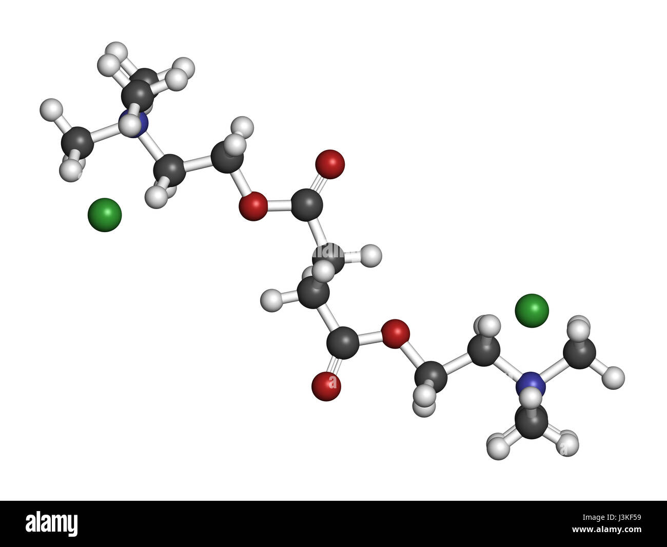 Suxamethonium cloruro (succinilcolina) miorilassante molecola di farmaco. Gli atomi sono rappresentati come sfere con i tradizionali colori: idrogeno (whi Foto Stock