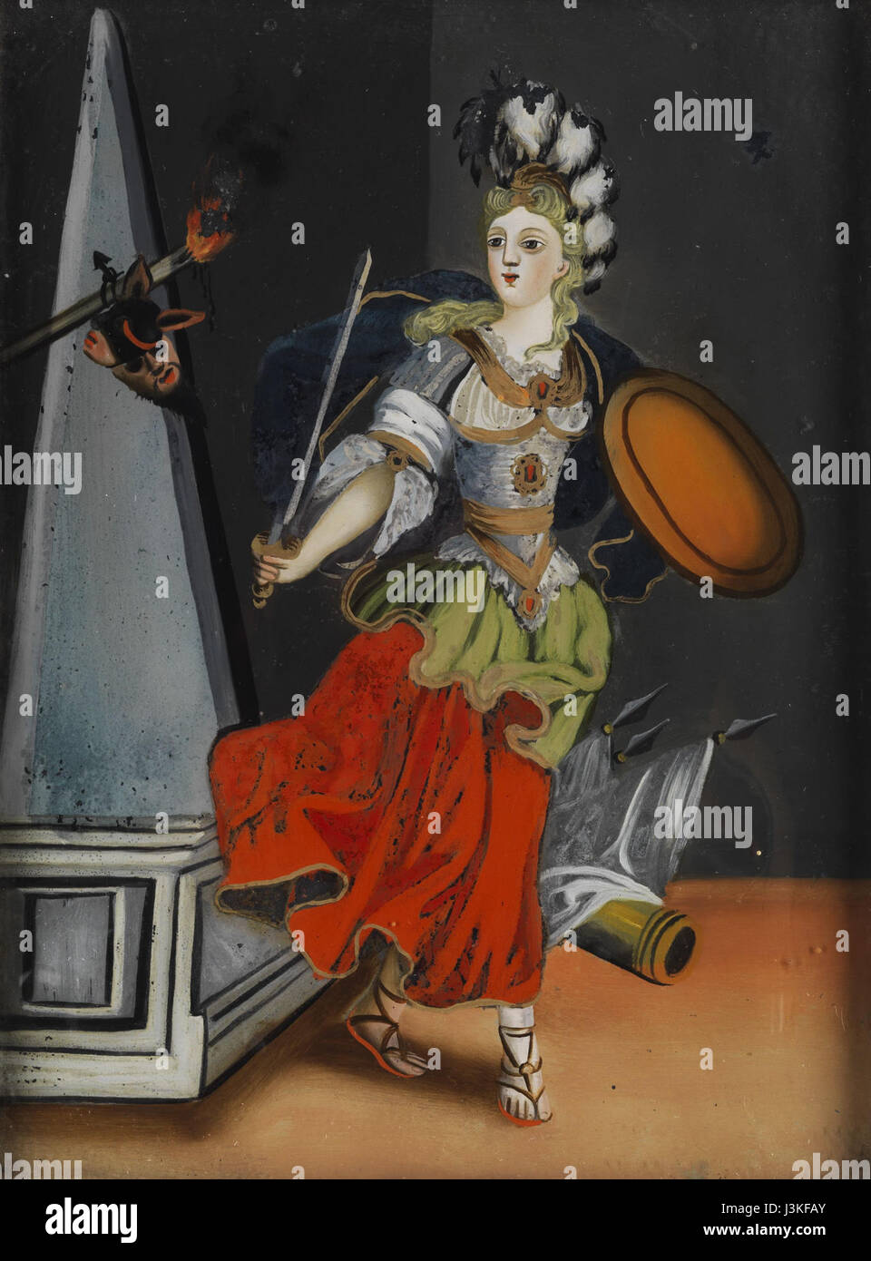 Hinterglasbild Minerva si riferisce a una tecnica di pittura chiamata "pittura a vetro inverso", dove l'immagine è dipinta sul retro del vetro. Minerva, la dea romana della saggezza, è spesso raffigurata nell'arte e potrebbe essere il soggetto di questo particolare dipinto. Foto Stock