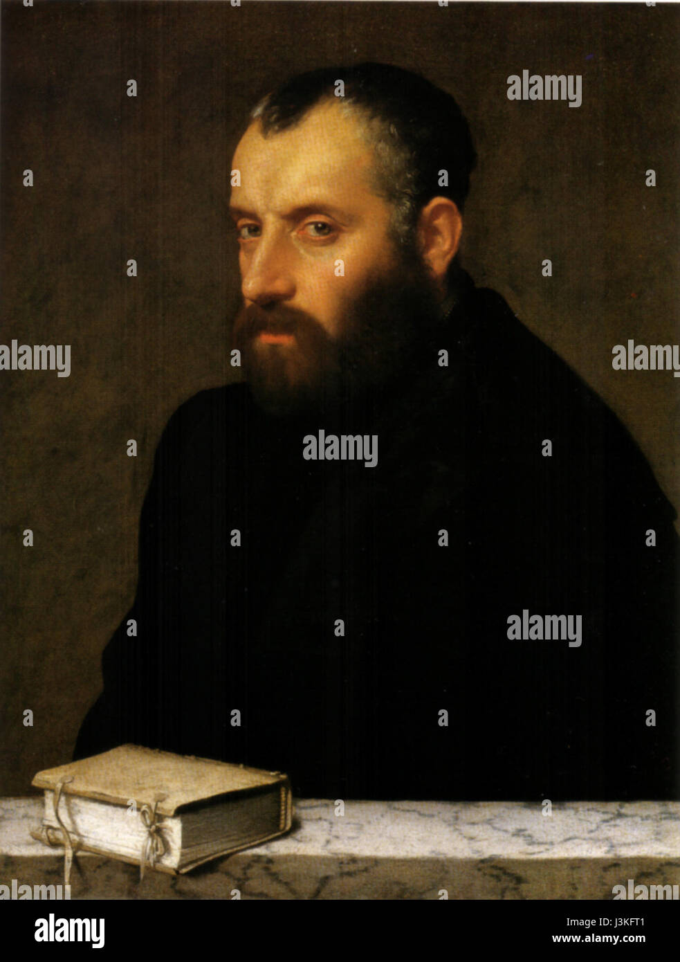 Il "Ritratto di un dotto" di Giovanni Battista Moroni, dipinto intorno al 1560, è un'opera rinomata del Rinascimento italiano, che riflette l'abilità di Moroni nel catturare il carattere umano e la professionalità. Foto Stock