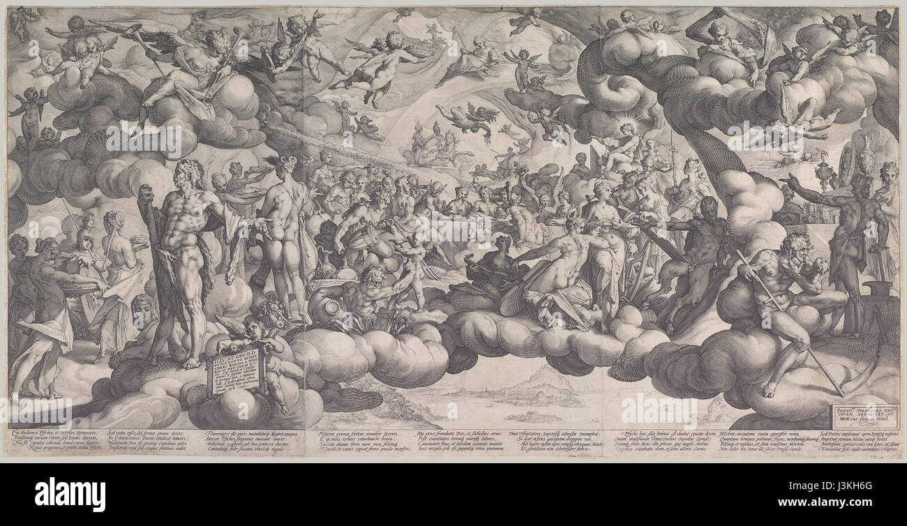 Hendrik Goltzius è stato un artista rinascimentale olandese noto per le sue incisioni e i suoi dipinti. La sua opera d'arte "Wedding of Cupid and Psyche" raffigura la mitologica storia d'amore, resa in intricati dettagli e composizione. Foto Stock