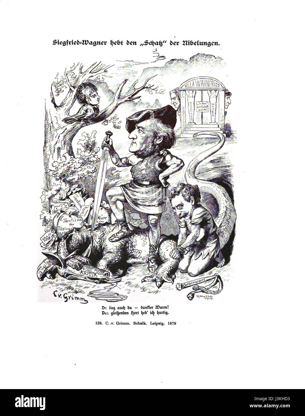 Questa caricatura di Grimm Wagner ritrae umoristicamente un soggetto o una figura pubblica, evidenziandone le caratteristiche o le caratteristiche in uno stile artistico esagerato. Foto Stock