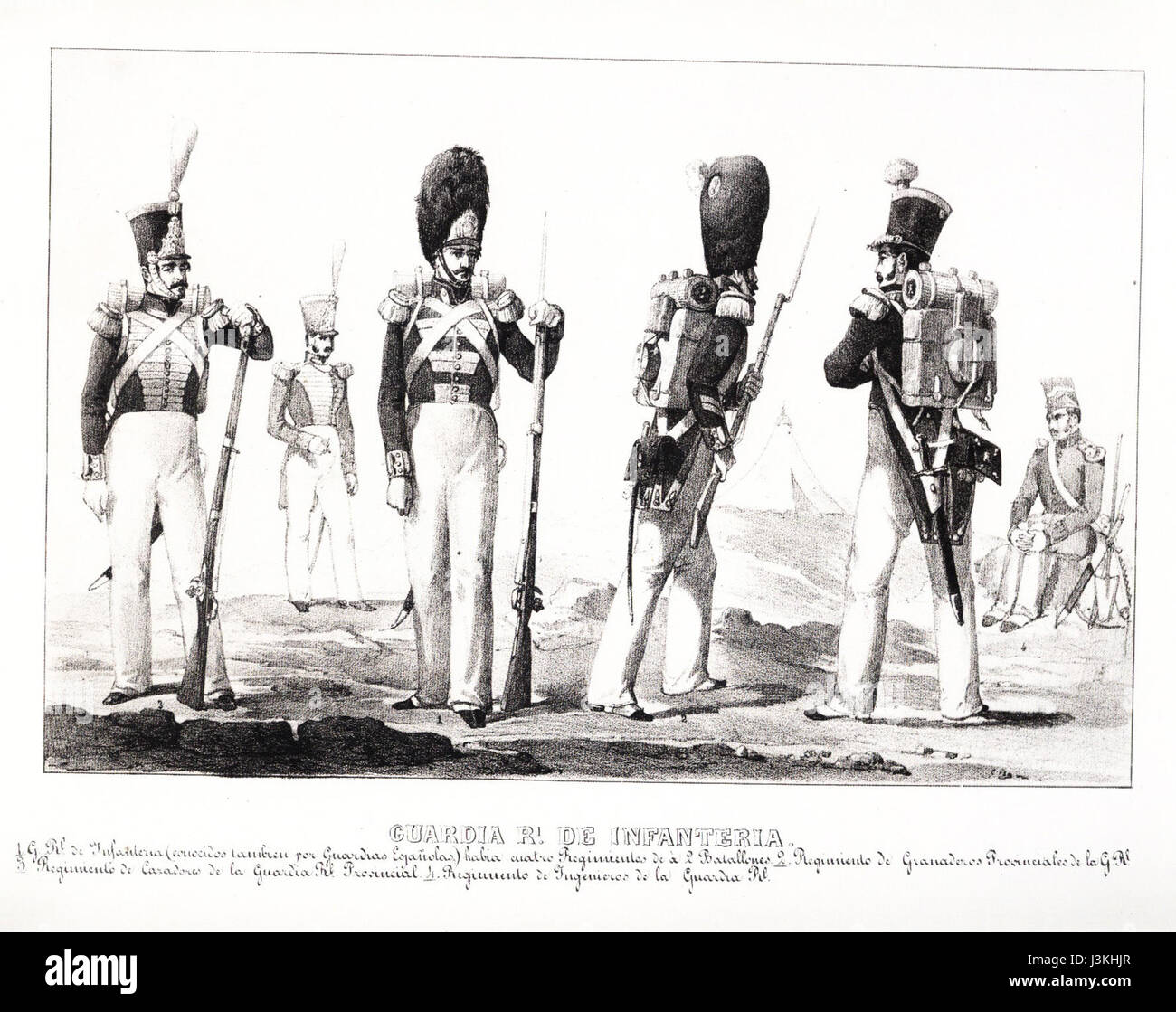 Un album che mostra la Guardia Real InfanterÃ­a, la divisione di fanteria della Guardia reale spagnola. L'album probabilmente contiene immagini e dettagli storici sulle uniformi, la struttura e la funzione di questa unità militare. Foto Stock