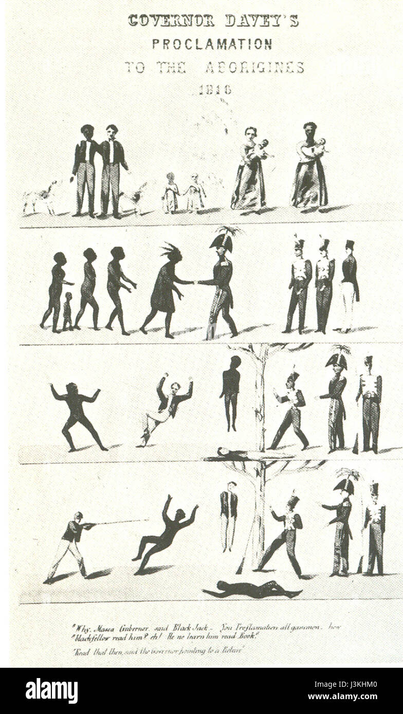 Nel 1816, il governatore della Tasmania Thomas Davey emise un proclama agli aborigeni, segnando un momento significativo nella storia delle relazioni tra Europa e Aborigeni in Australia. Questa proclamazione faceva parte degli sforzi per gestire e controllare le popolazioni indigene durante il primo periodo coloniale. Foto Stock