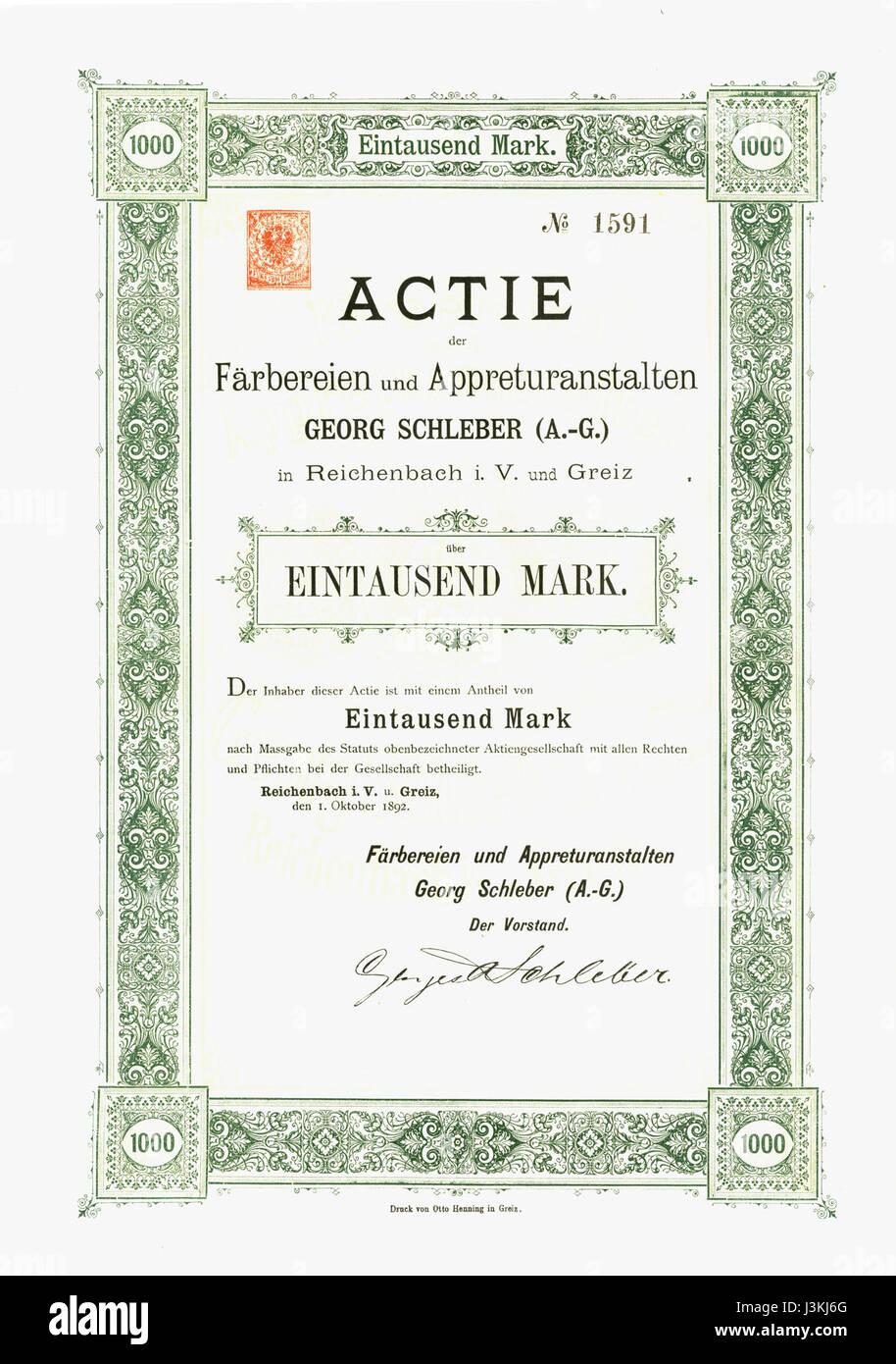 La Georg Schleber AG Aktie fa riferimento a un certificato di borsa storico della società Georg Schleber AG. Fornisce uno sguardo alle operazioni finanziarie e commerciali dell'azienda durante il suo periodo. Foto Stock