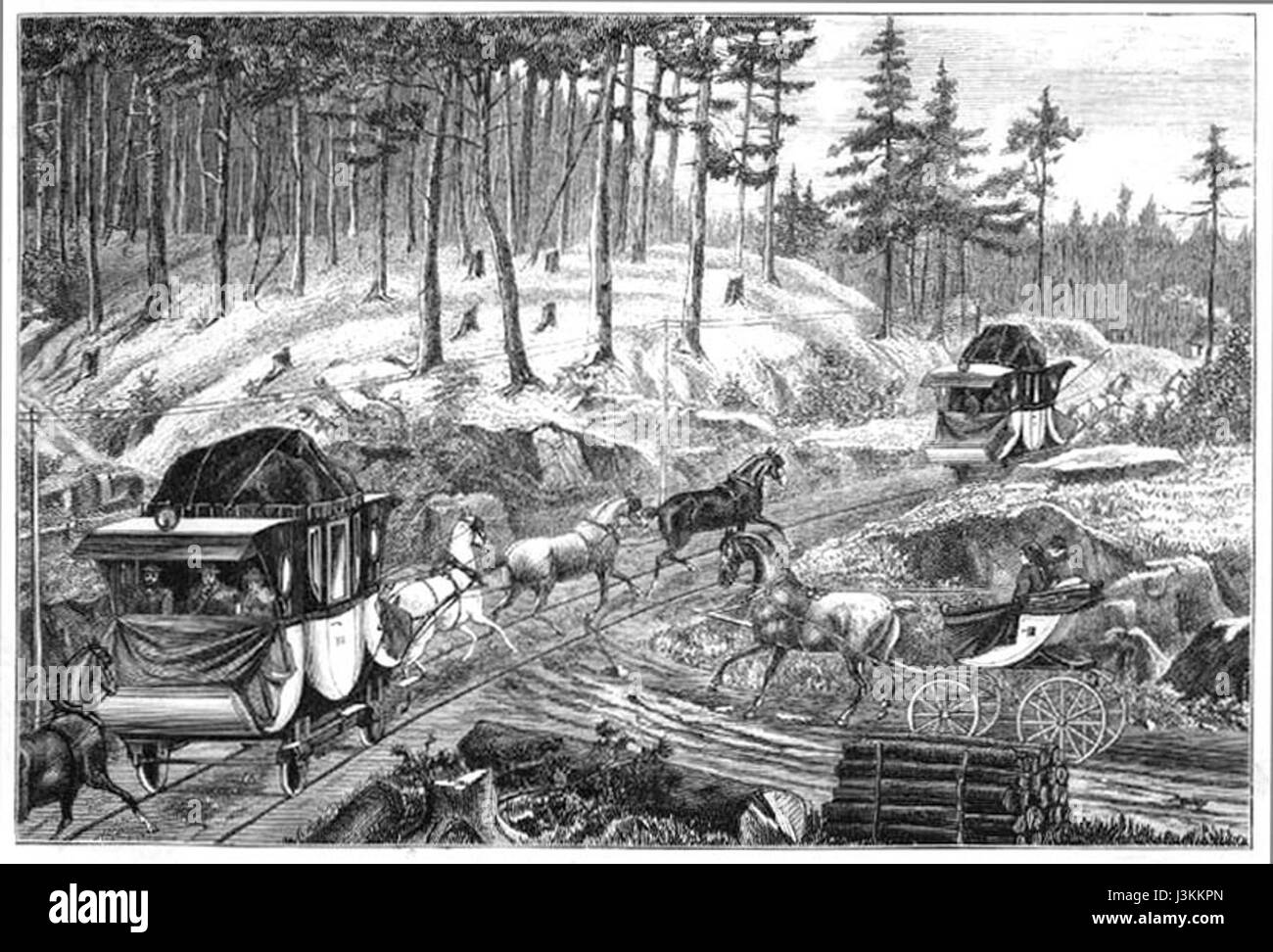 Questa immagine illustra il sistema tranviario che operava tra Budweis (Repubblica Ceca) e Linz (Austria). Il tram trainato da cavalli fu un importante mezzo di trasporto nel XIX secolo, fornendo un collegamento tra queste due città. Foto Stock