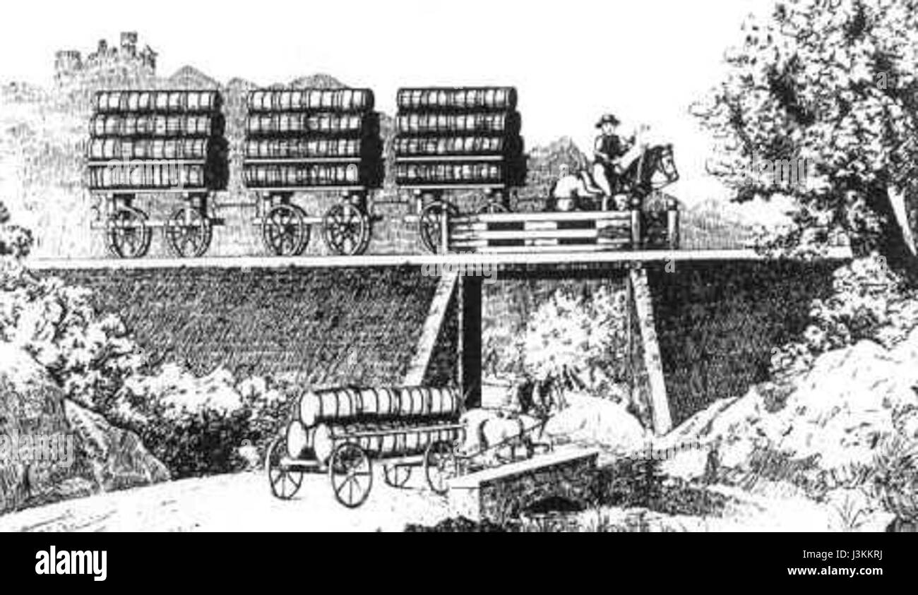 Fotografia che raffigura un tram trainato da cavalli che trasporta merci, illustrando i metodi di trasporto del XIX secolo e la logistica urbana prima dell'avvento dei veicoli a motore. Foto Stock