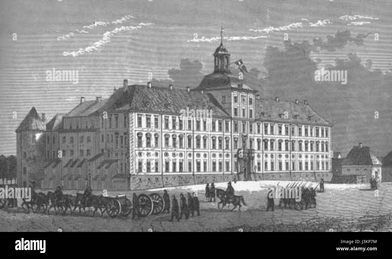 Il castello di Gottorf nel 1864 fu una struttura significativa nello Schleswig-Holstein, in Germania, che fungeva da residenza reale e simbolo del potere politico. Il castello giocò un ruolo importante nella storia della regione, in particolare durante il XIX secolo, quando era un centro per la governance e la cultura. Foto Stock