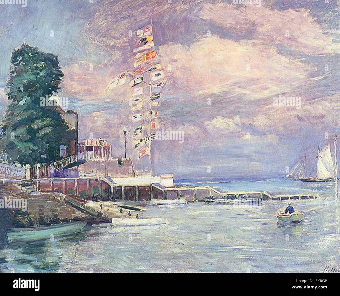 Helleu le Grand Pavois è un'opera notevole dell'artista Paul Helleu, con scene marittime. Riflette l'influenza dell'impressionismo francese e mette in mostra la vita navale in uno stile vivace e dinamico. Foto Stock