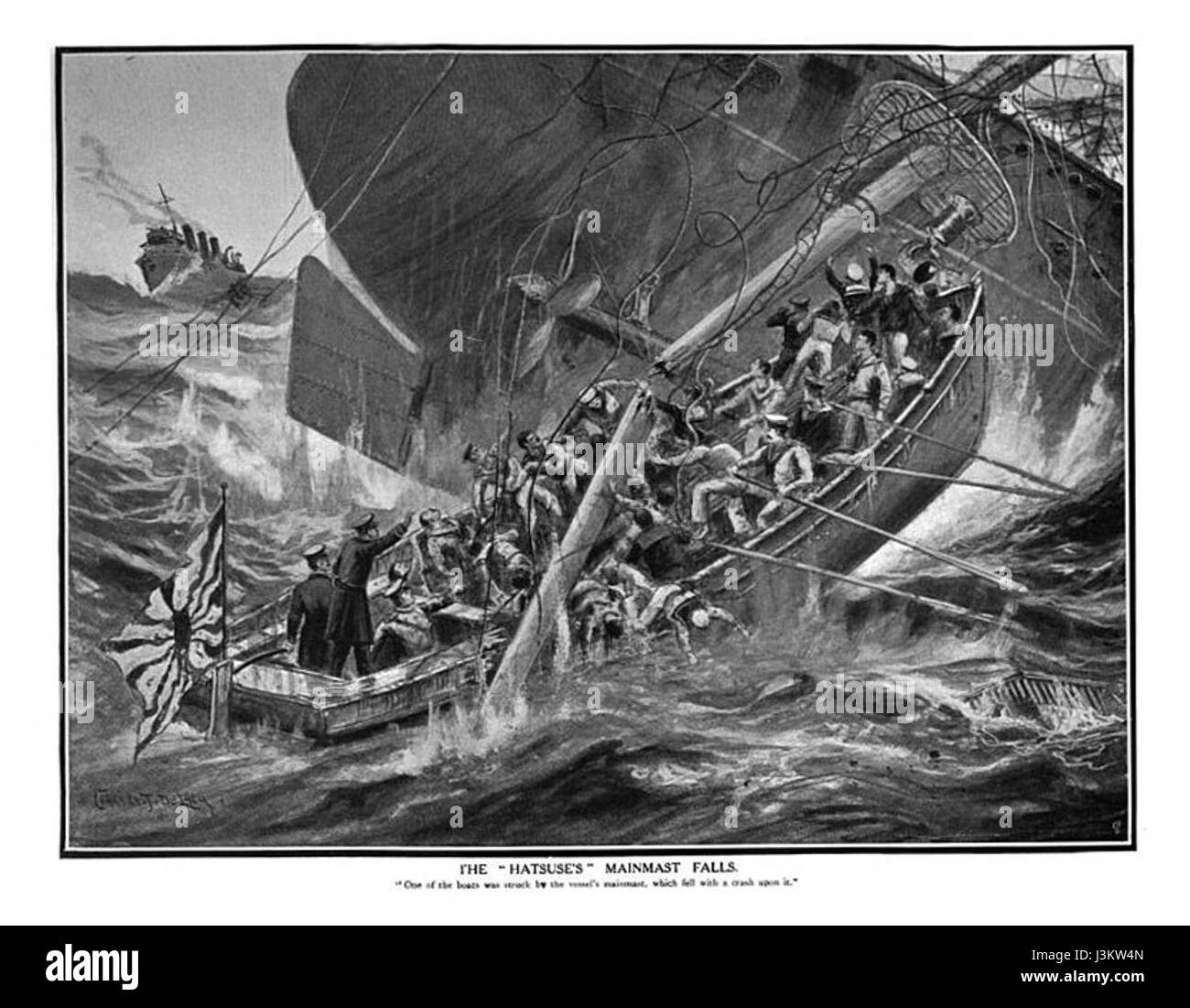 Fotografia che raffigura l'albero principale della nave da guerra giapponese Hatsuse che cadde durante la guerra russo-giapponese nel 1904, illustrando l'affondamento della nave. Foto Stock