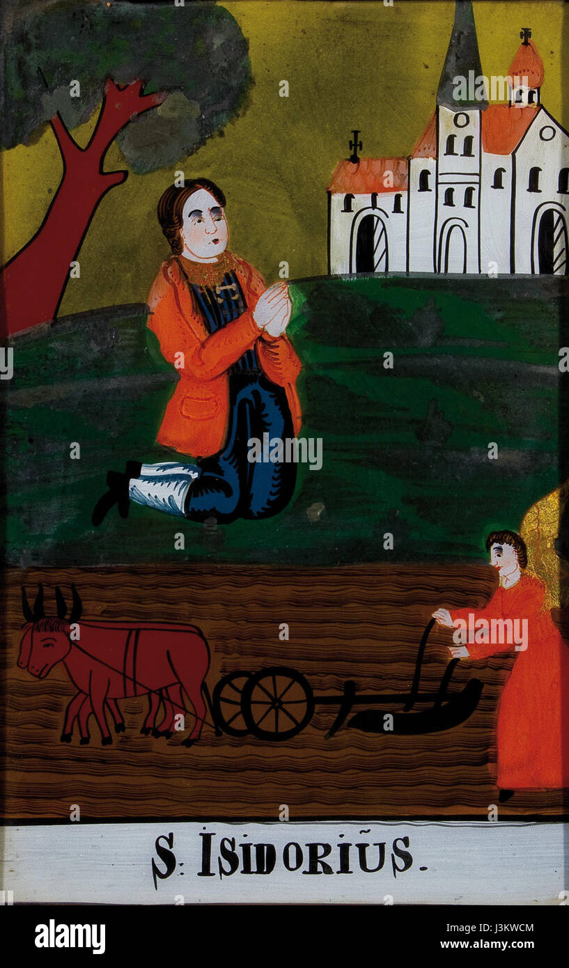 Dipinto Hinterglasbild del XIX secolo raffigurante Sant'Isidoro, attribuito all'artista Sandl, utilizzando la tradizionale tecnica di pittura a rovescio. Foto Stock