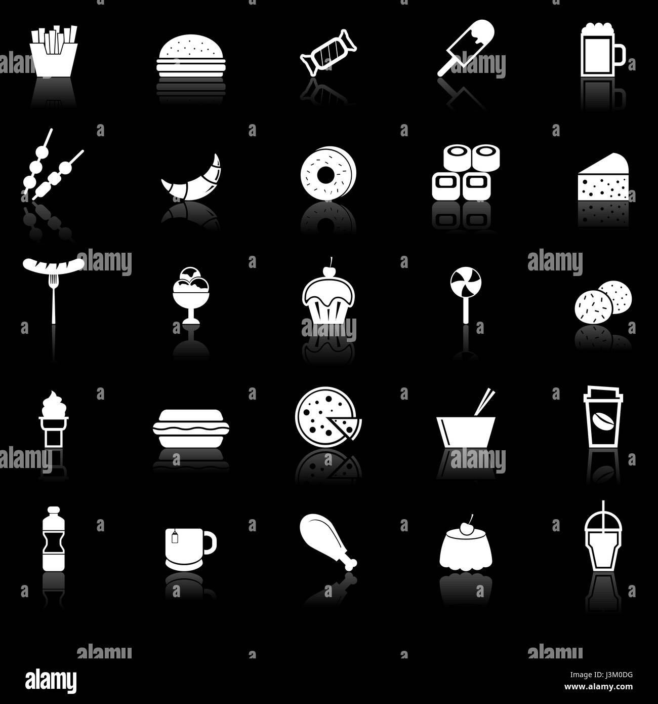 Fast food con icone di riflettere su sfondo nero, vettore di stock Illustrazione Vettoriale