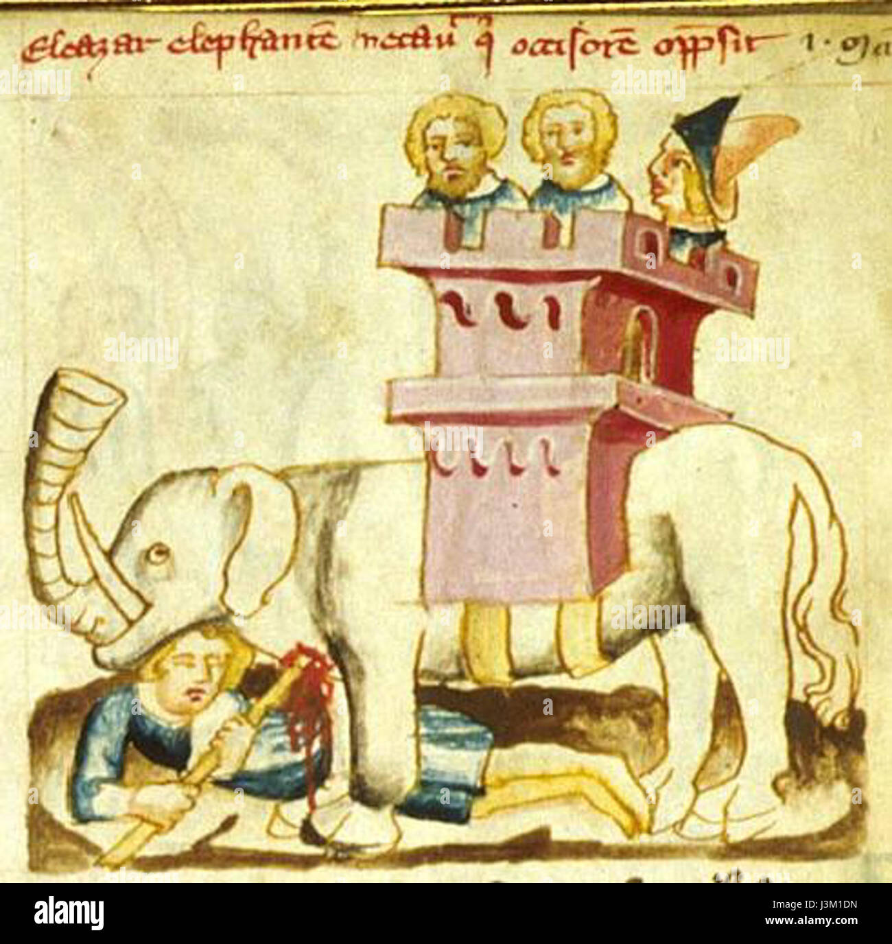 Questo dettaglio del manoscritto Harley del 3240 raffigura un elefante nell'arte medievale, mostrando l'intricata opera in linea e lo stile ornamentale tipico della tradizione manoscritta nel Medioevo. Foto Stock