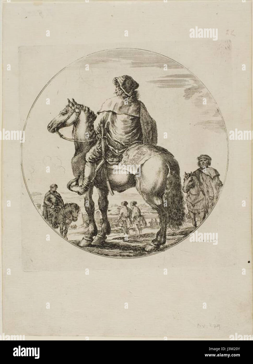 Il "Cavaliere ungherese" di Stefano della bella è un'incisione del XVII secolo che raffigura un guerriero a cavallo in tradizionale abbigliamento ungherese. L'opera riflette l'esperienza di artistâ nel catturare scene equestri dettagliate e figure militari, un soggetto comune nell'arte barocca. Foto Stock