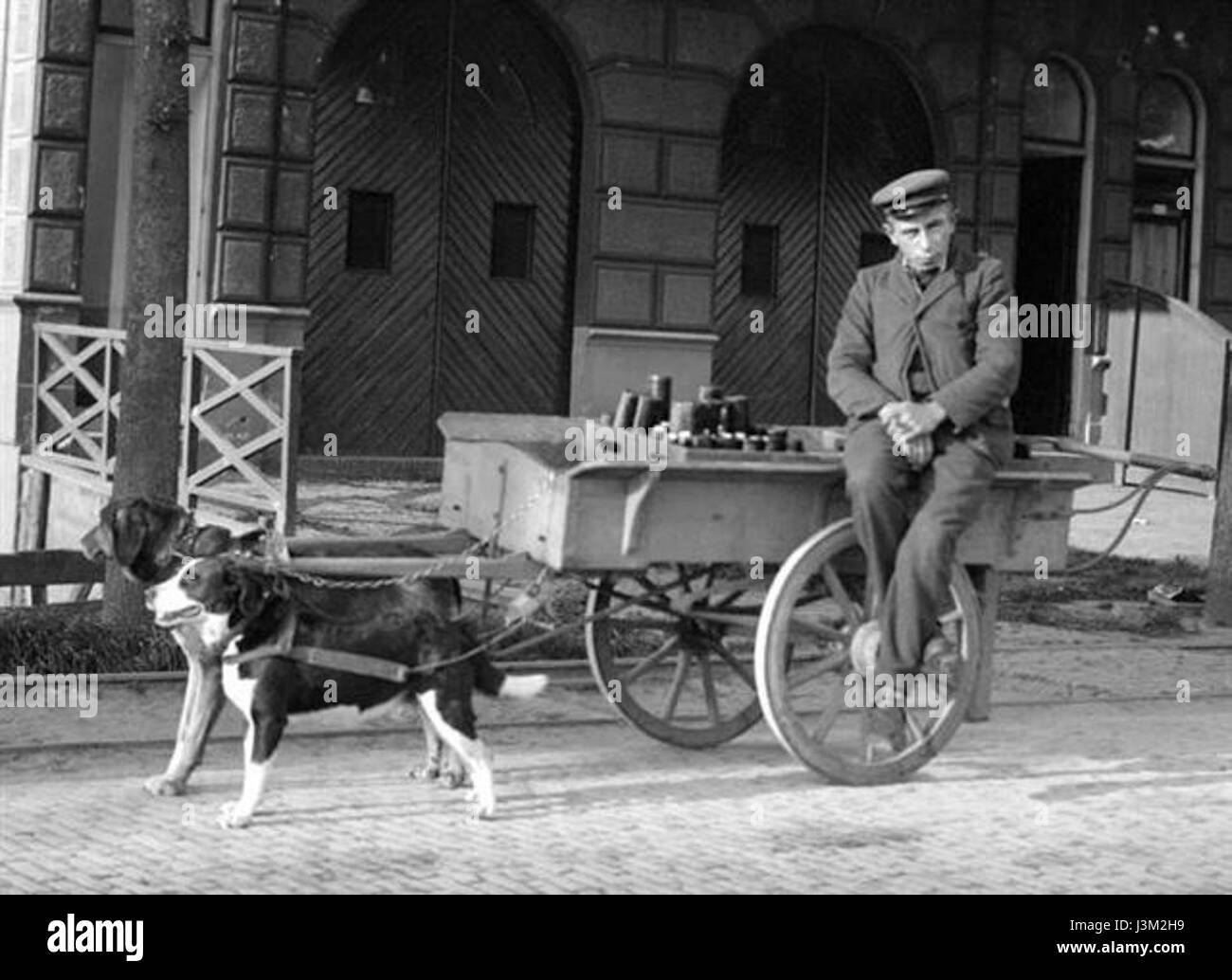 Un hondenkar è un tipo di carrello per cani, spesso utilizzato per il trasporto o il trasporto di merci in contesti storici. Questi carrelli sono progettati per i cani da trainare, tipicamente visti in ambienti rurali o della classe operaia durante il XVIII e il XIX secolo. Sono caratterizzati da una struttura leggera e una struttura semplice, che li rende adatti per l'uso con disegni di animali in varie regioni. Foto Stock