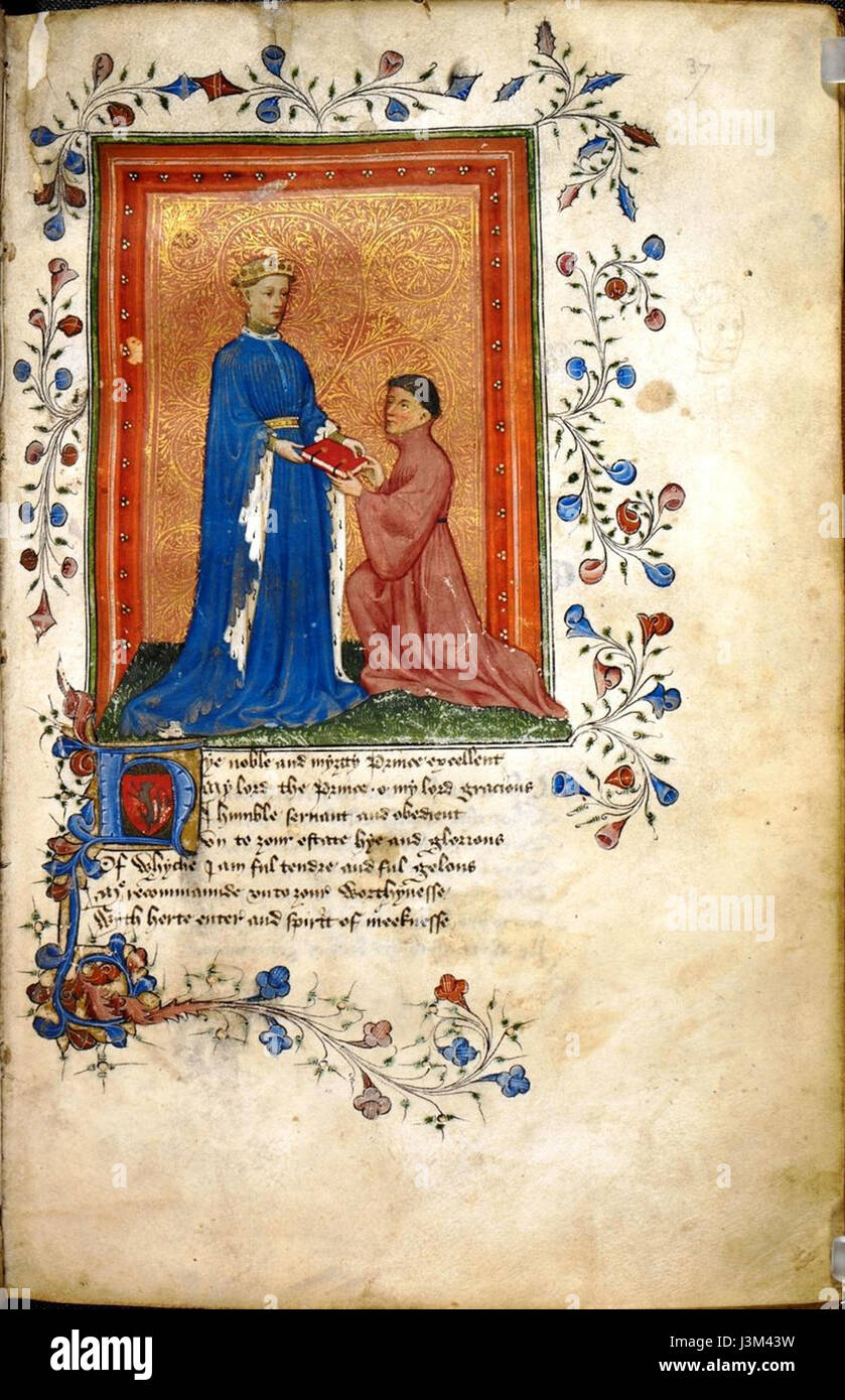 Henry, Principe di Galles, la presentazione di questo libro a John Mowbray. Thomas Hoccleve, Regement di Princes, Londra, c. 1411 1413, Arundel 38, f. 37 Foto Stock
