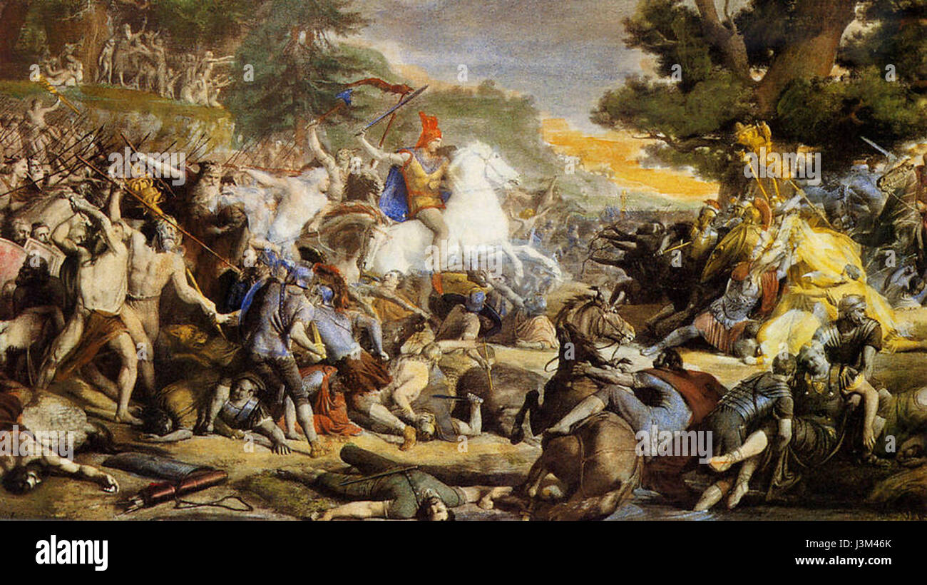 Questa immagine rappresenta "Hermannsschlacht" di Gunkel, raffigurante la battaglia della foresta di Teutoburgo. Questa battaglia, combattuta nel 9 d.C., fu un evento significativo in cui le tribù germaniche, guidate da Arminio, sconfissero le legioni romane. Foto Stock