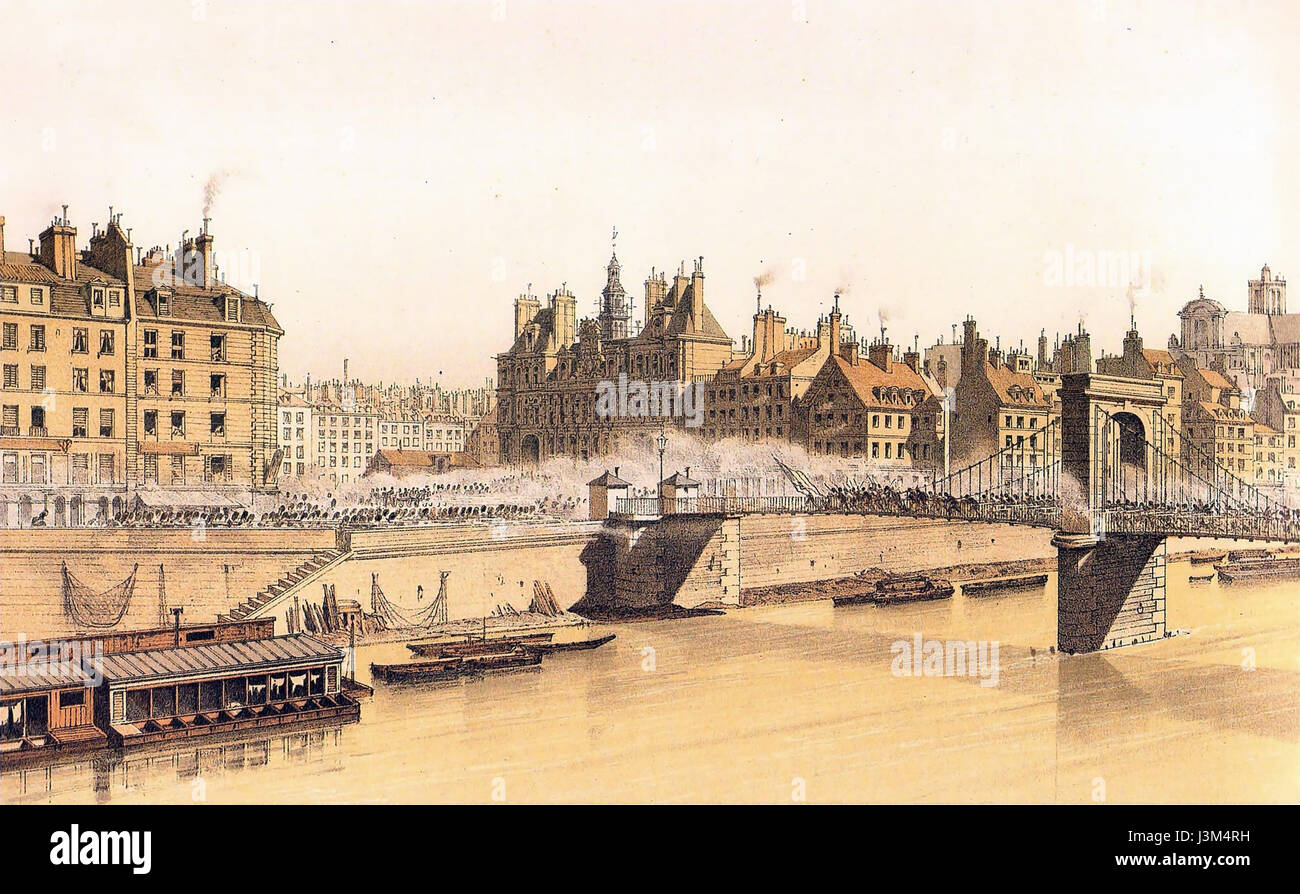 Questa illustrazione raffigura l'Hotel de Ville (Municipio) di Parigi, in Francia, come apparve durante la Rivoluzione del luglio 1830, un evento significativo nella storia francese. L'immagine di Hoffbauer cattura l'architettura dell'edificio durante un periodo tumultuoso. Foto Stock