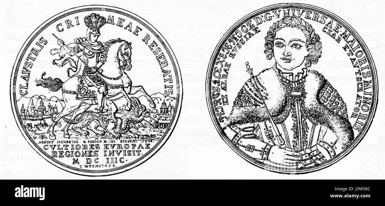 La grande Ambasciata di Pietro il grande fu una missione diplomatica russa dal 1697 al 1698 volta a rafforzare le alleanze e a modernizzare la Russia. Le medaglie commemorative di questa missione simboleggiano il suo significato nella storia e nella diplomazia russa. Foto Stock