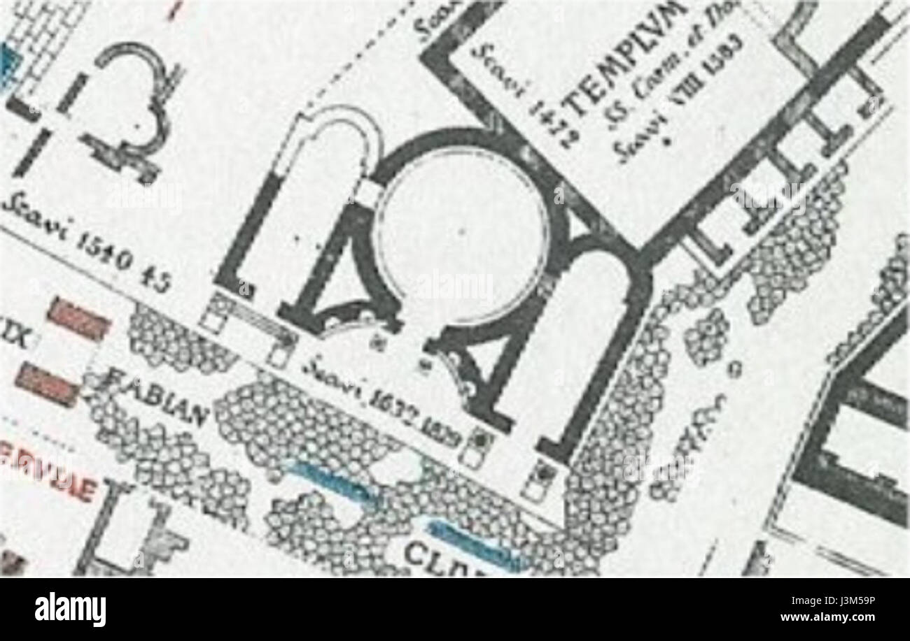 La pianta del terreno del Tempio di Romolo fornisce una dettagliata disposizione architettonica di questa antica struttura romana. Il tempio, dedicato all'imperatore deificato, offre preziose informazioni sulle pratiche religiose e architettoniche romane. Foto Stock