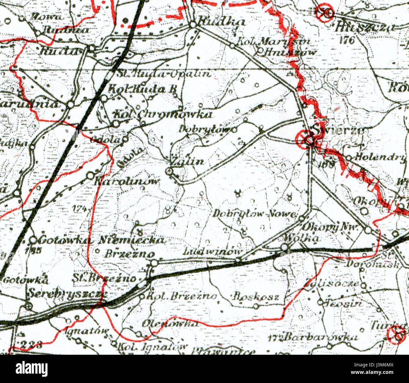 Questa mappa del 1937 mostra la regione amministrativa di Gmina Swierze in Polonia, che descrive dettagliatamente l'area nel contesto storico della seconda Repubblica polacca. Foto Stock