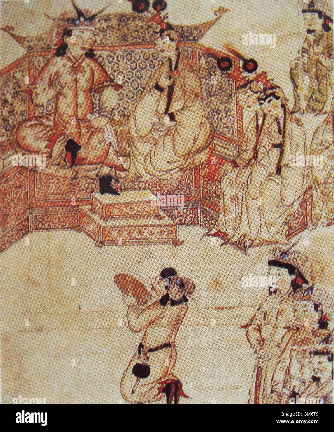 Questa illustrazione storica mostra Ghazan, il sovrano ilkhanide di Persia, con sua moglie alla sua corte reale. L'immagine evidenzia la grandezza e il significato culturale della corte persiana durante il XIII secolo, riflettendo la ricchezza e l'influenza del regno di Ghazanâ. Foto Stock