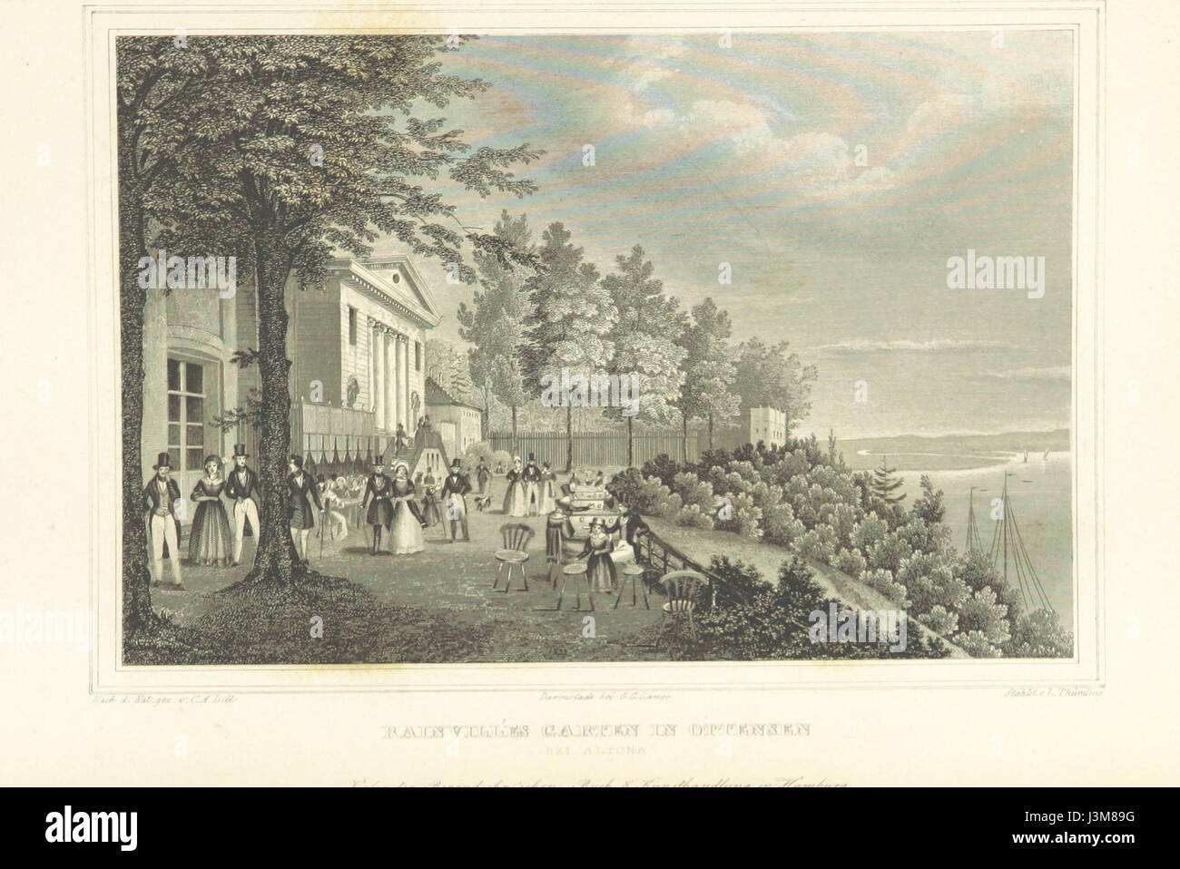 Un'illustrazione storica di Amburgo e dei suoi dintorni nel XIX secolo, da un libro di F. G. Bueck, pubblicato nel 1844. L'immagine cattura il paesaggio urbano e rurale della regione durante quel periodo. Foto Stock