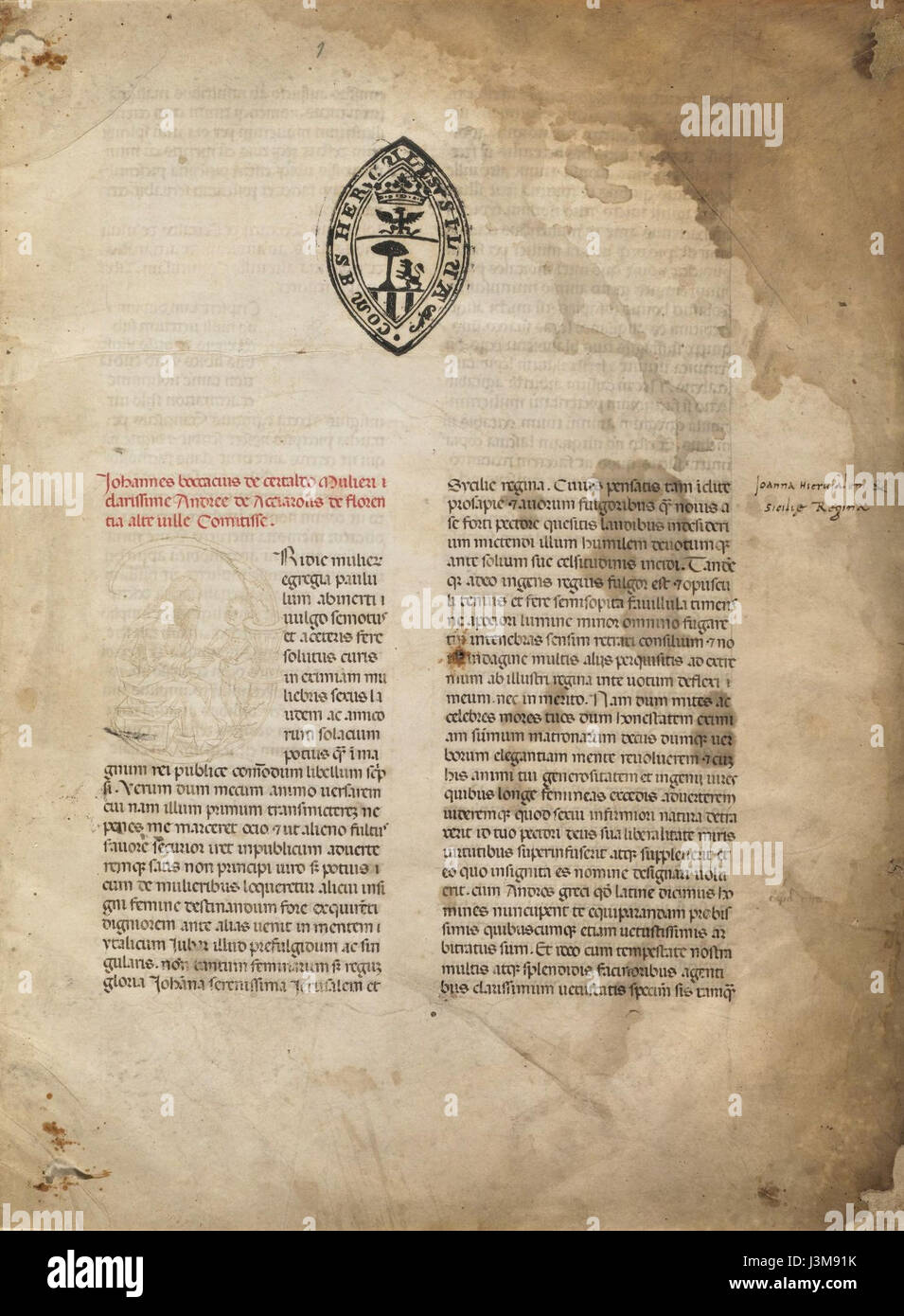 Houghton MS Richardson 41 De mulieribus claris è un manoscritto medievale incentrato sulle donne famose della storia. Si tratta di un testo storico significativo che descrive dettagliatamente la vita e i risultati delle donne di vari periodi, con particolare attenzione al loro impatto sulla società. Foto Stock