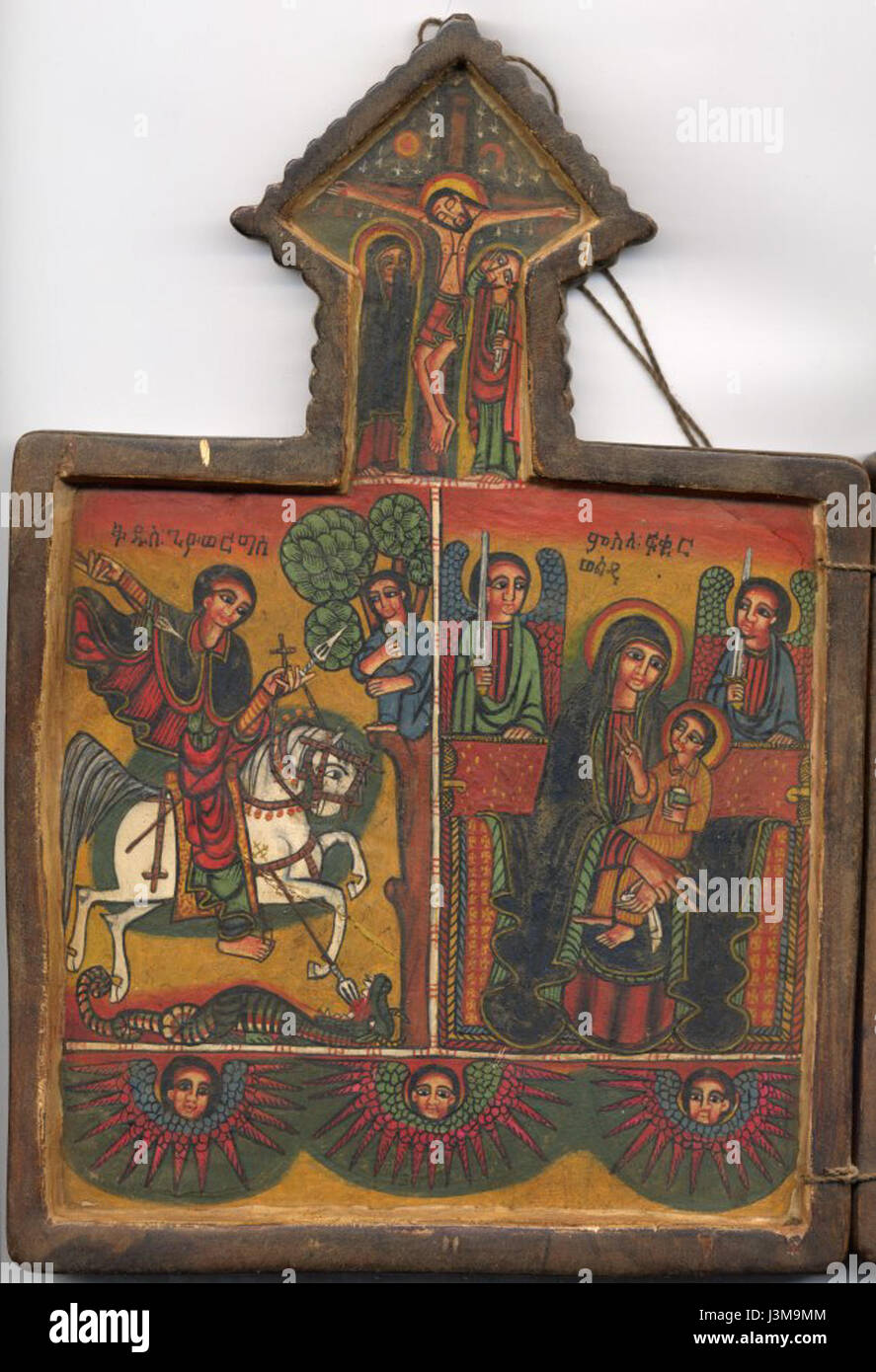 Questo titolo si riferisce probabilmente a una piccola icona o opera d'arte che raffigura un soggetto religioso o culturale, con la vista frontale sinistra che fornisce una prospettiva specifica del pezzo. L'icona può appartenere ad una particolare tradizione artistica o religiosa. Foto Stock