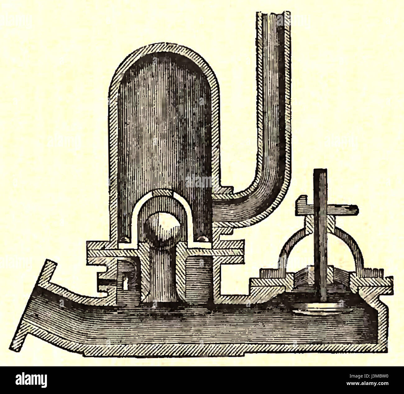 Il RAM idraulico, sviluppato da Easton e Amos nel 1851, è un dispositivo meccanico progettato per pompare acqua utilizzando l'energia dell'acqua corrente. Ha rivoluzionato le tecniche di pompaggio dell'acqua consentendo un metodo di trasporto idrico sostenibile ed efficiente dal punto di vista energetico, a vantaggio delle applicazioni agricole e industriali. Foto Stock