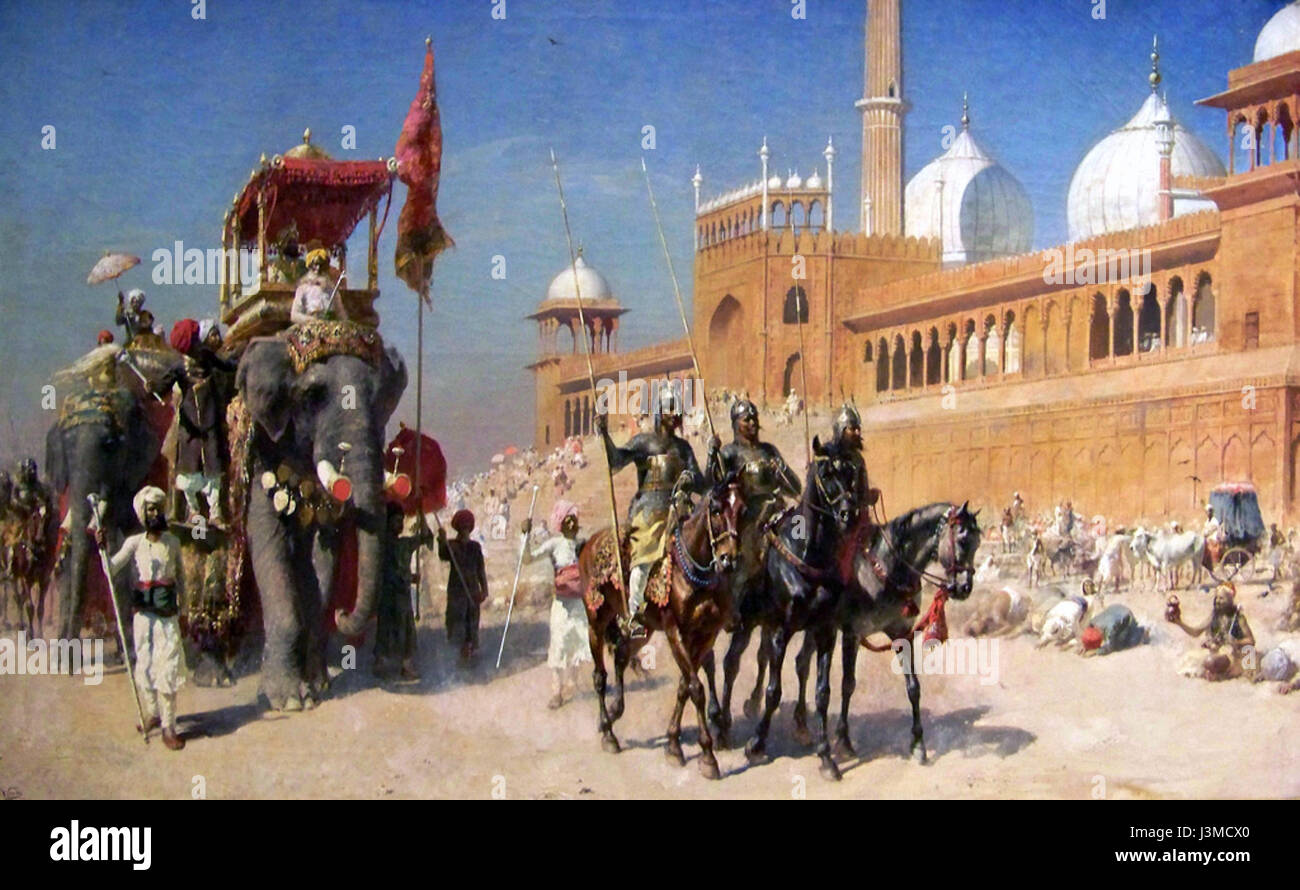 Gran Mogul e la sua corte di ritorno dalla grande moschea a Delhi in India la pittura ad olio da artista americano Edwin Signore settimane Foto Stock