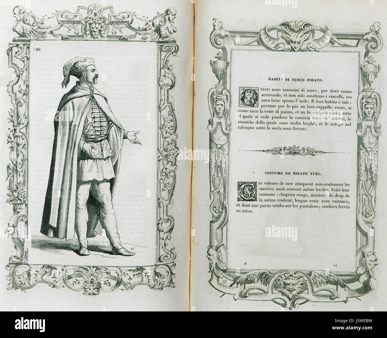 Questa illustrazione di Cesare Vecellio raffigura un pirata della Turchia, che mostra l'abbigliamento e gli accessori tradizionali associati ai pirati turchi nel XVI secolo. L'opera mette in risalto i costumi storici e la cultura della pirateria durante questo periodo. Foto Stock