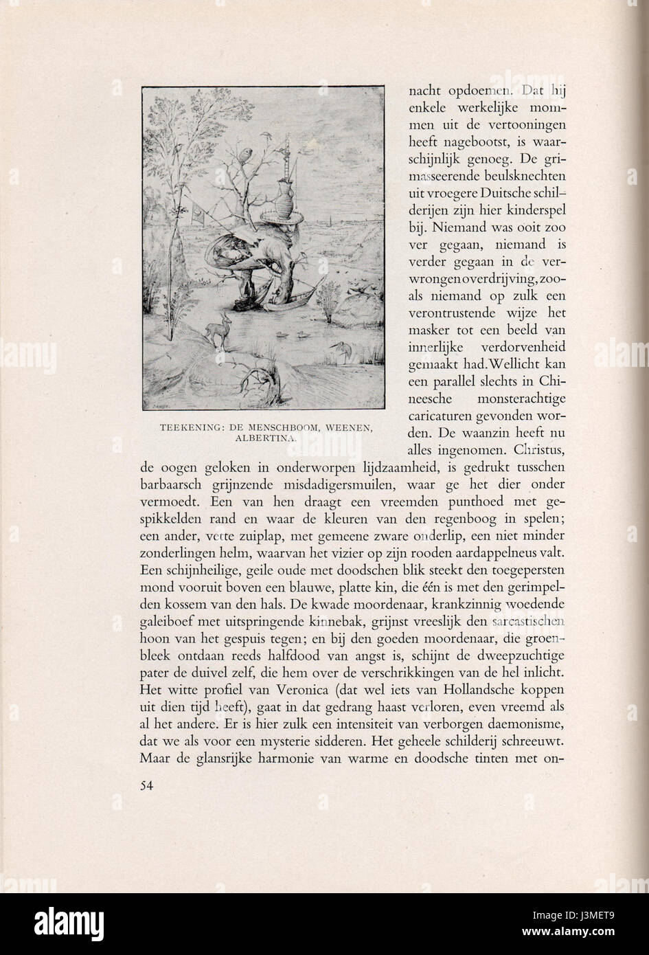 "Hieronymus Bosch door Prof. Dr. A. Vermeylen" è un'opera accademica che esplora la vita e l'arte di Hieronymus Bosch, un pittore olandese del XV secolo. La terza edizione, pagina 54, offre un'analisi approfondita dello stile artistico distintivo di Bosch e della sua influenza sull'arte europea. Foto Stock