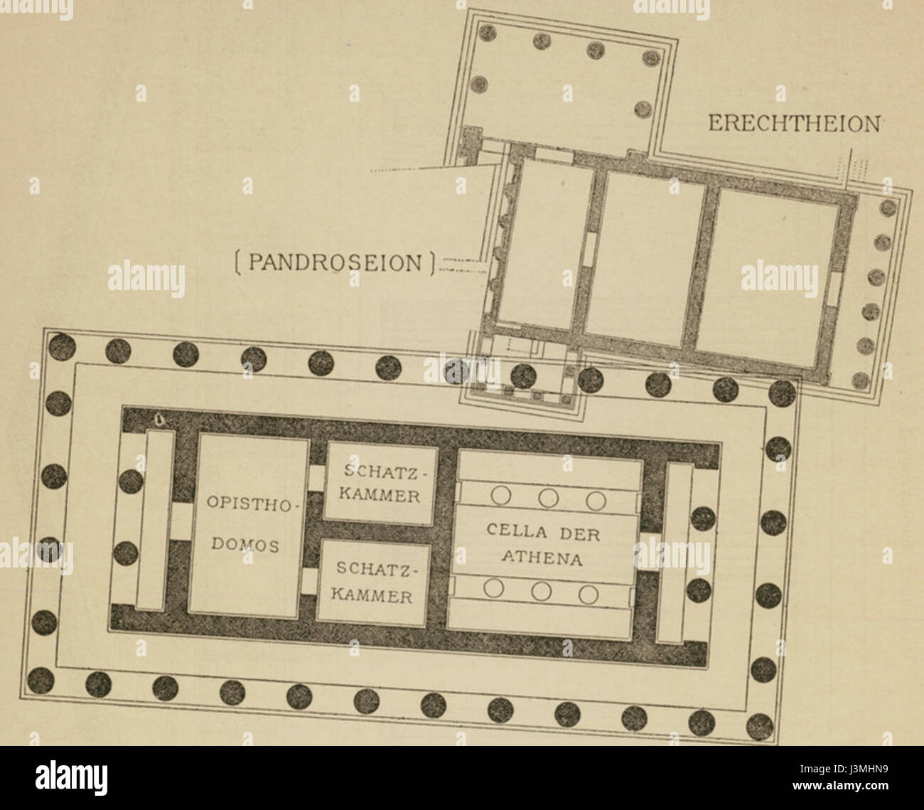 "Grundriss des Peisistratischen Tempels" di Adolf Boetticher è un disegno architettonico del 1888 che raffigura la disposizione del Tempio di Peisistrato nell'antica Atene. Foto Stock