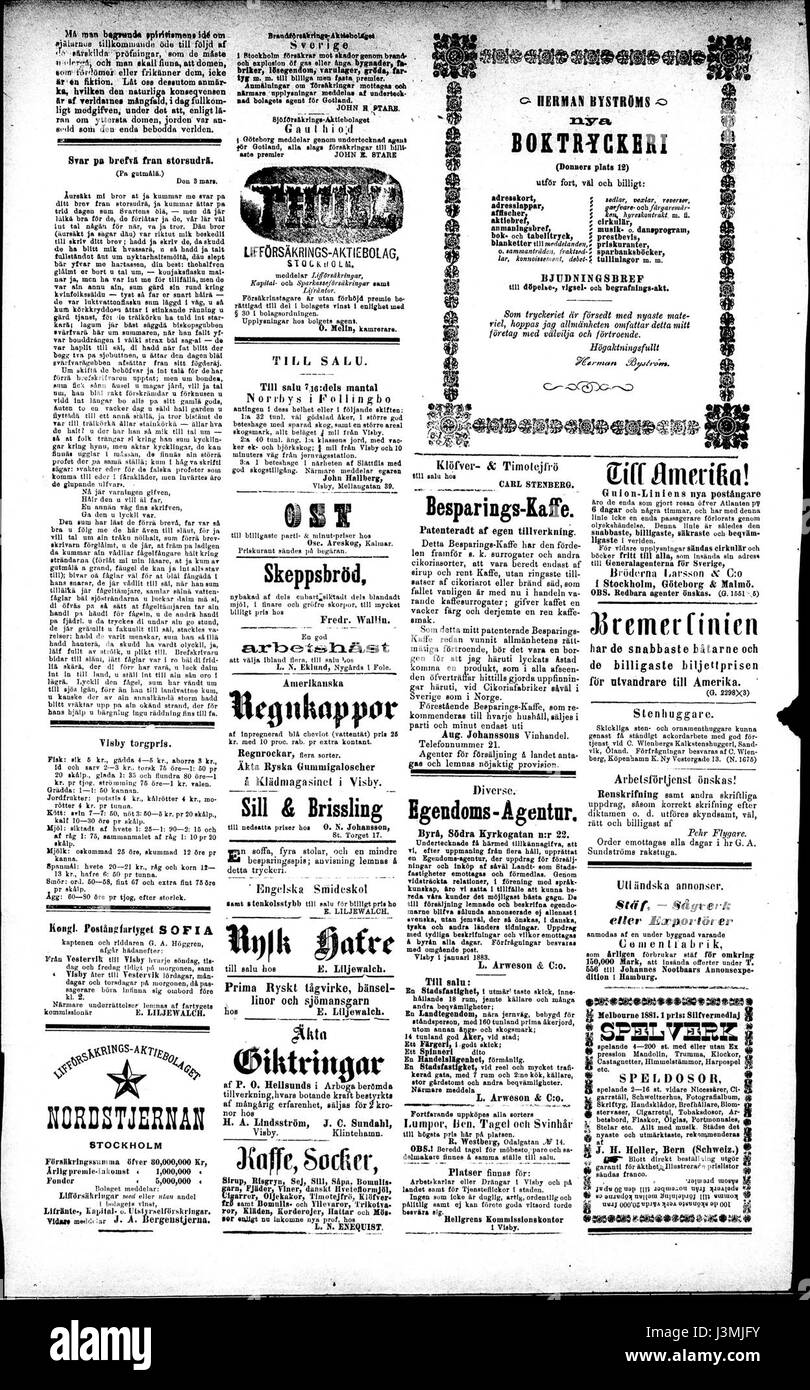 Un giornale svedese, Gotlands Tidning, datato 10 marzo 1883, fornisce informazioni storiche sugli eventi del tempo a Gotland. Foto Stock Un giornale svedese, Gotlands Tidning, datato 10 marzo 1883, fornisce informazioni storiche sugli eventi del tempo a Gotland. Foto Stock