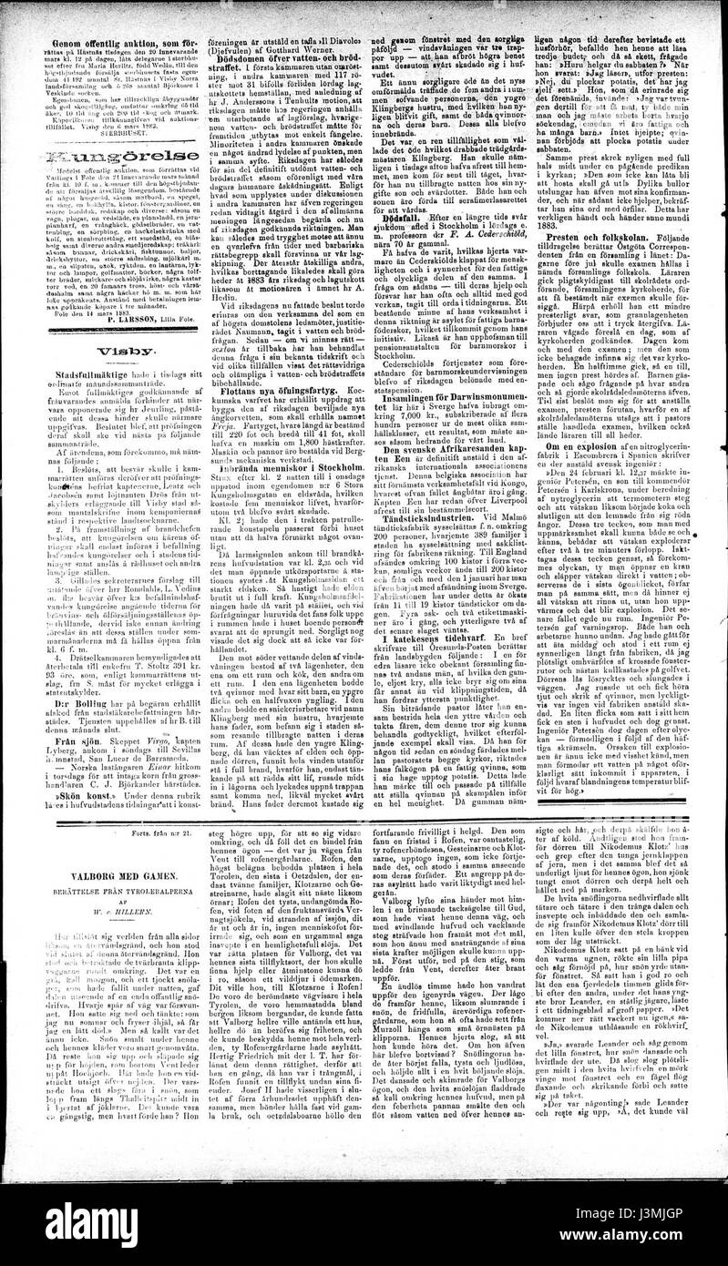Gotlands Tidning, un giornale svedese, pubblicato il 17 marzo 1883, probabilmente fornendo copertura di notizie locali, eventi e argomenti pertinenti a Gotland durante la fine del XIX secolo. Foto Stock