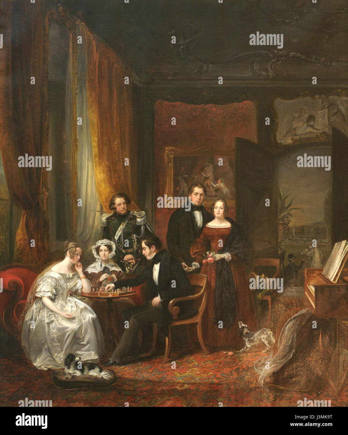 Questo ritratto di gruppo, dipinto nel 1837 da Aleida Budde, raffigura A. J. Duymaer van Twist, una notevole figura storica dei Paesi Bassi. Il ritratto cattura gli individui in un ambiente formale, riflettendo la ritrattistica olandese del XIX secolo. Foto Stock